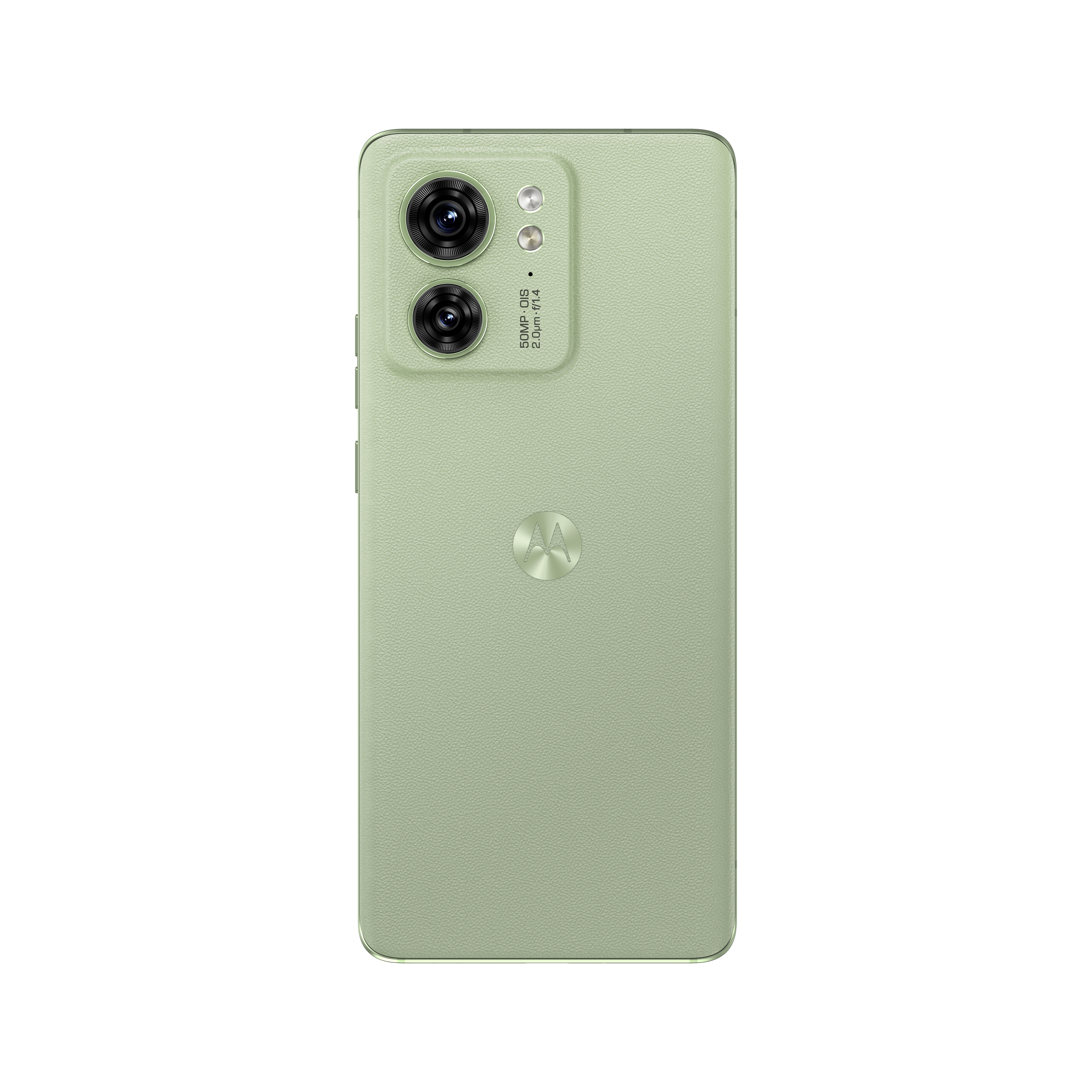 Rückseite eines grünen Smartphones mit Kameralinsen und einem Motorola-Logo.