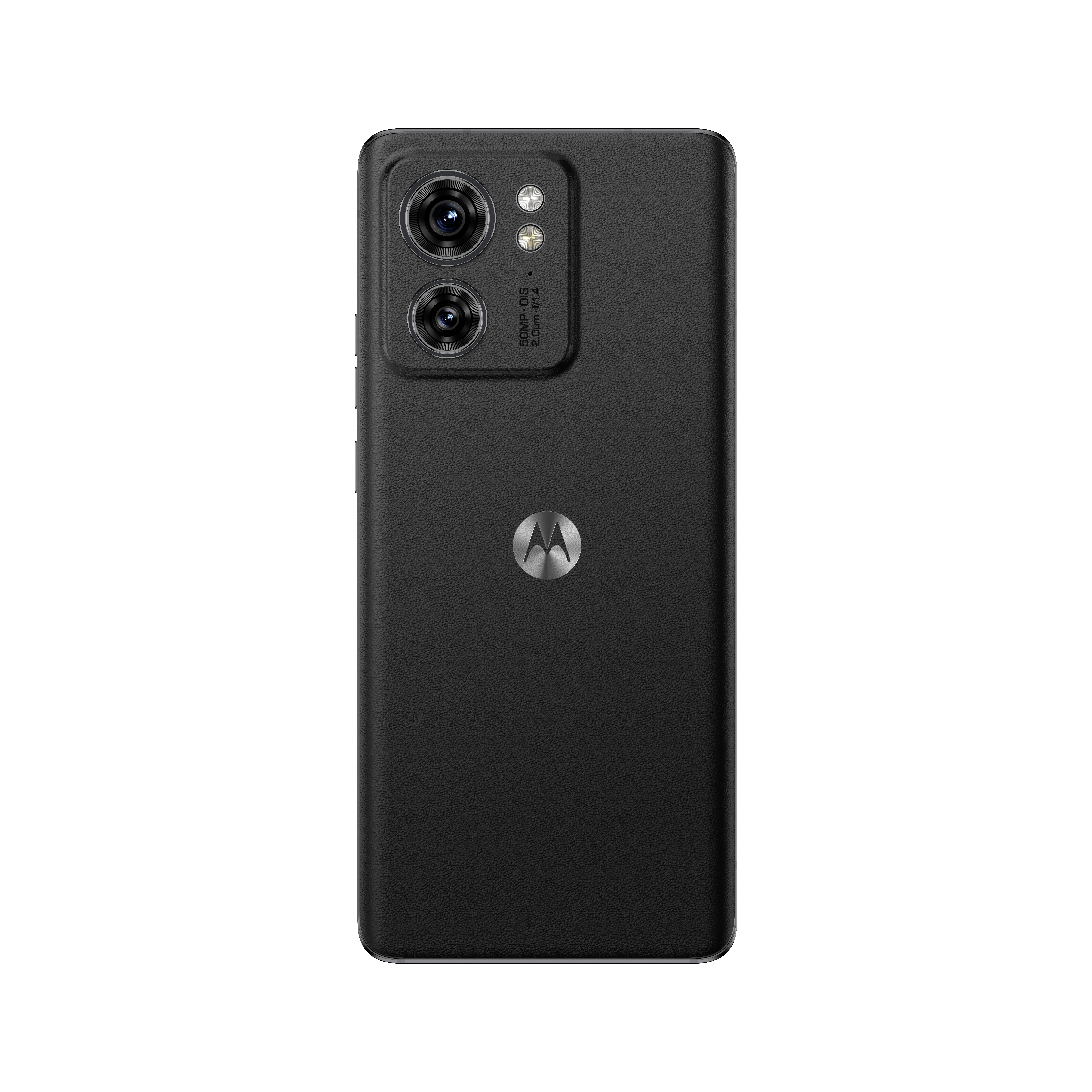 Schwarzes Motorola-Smartphone mit Dual-Kamera und Logo auf der Rückseite.
