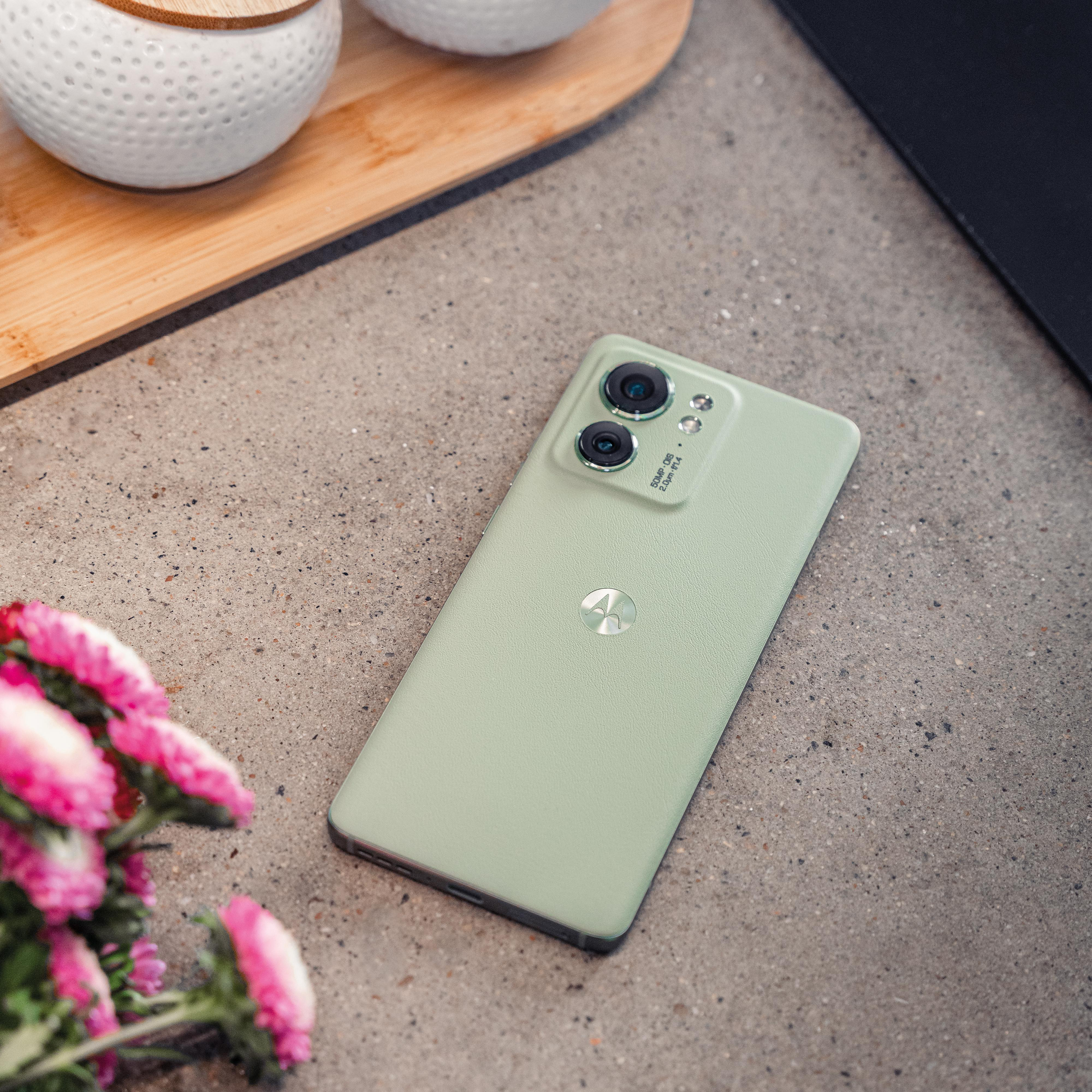Ein grünes Motorola-Handy auf einem Tisch. Zwei Kameras auf der Rückseite, ein Blumenarrangement und einige Dekorationsartikel.