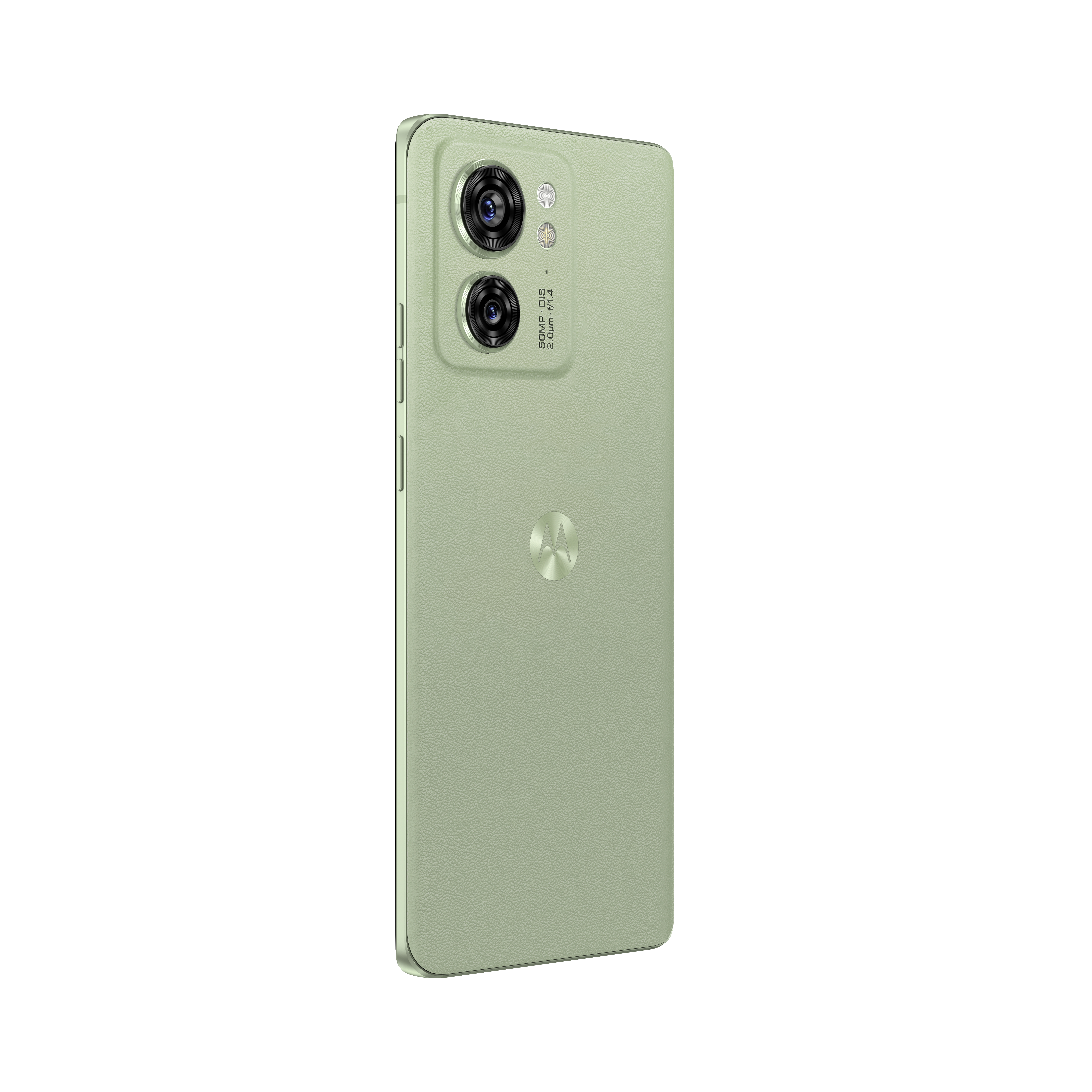Ein grünes Smartphone mit zwei Kameralinsen, von hinten gesehen.
