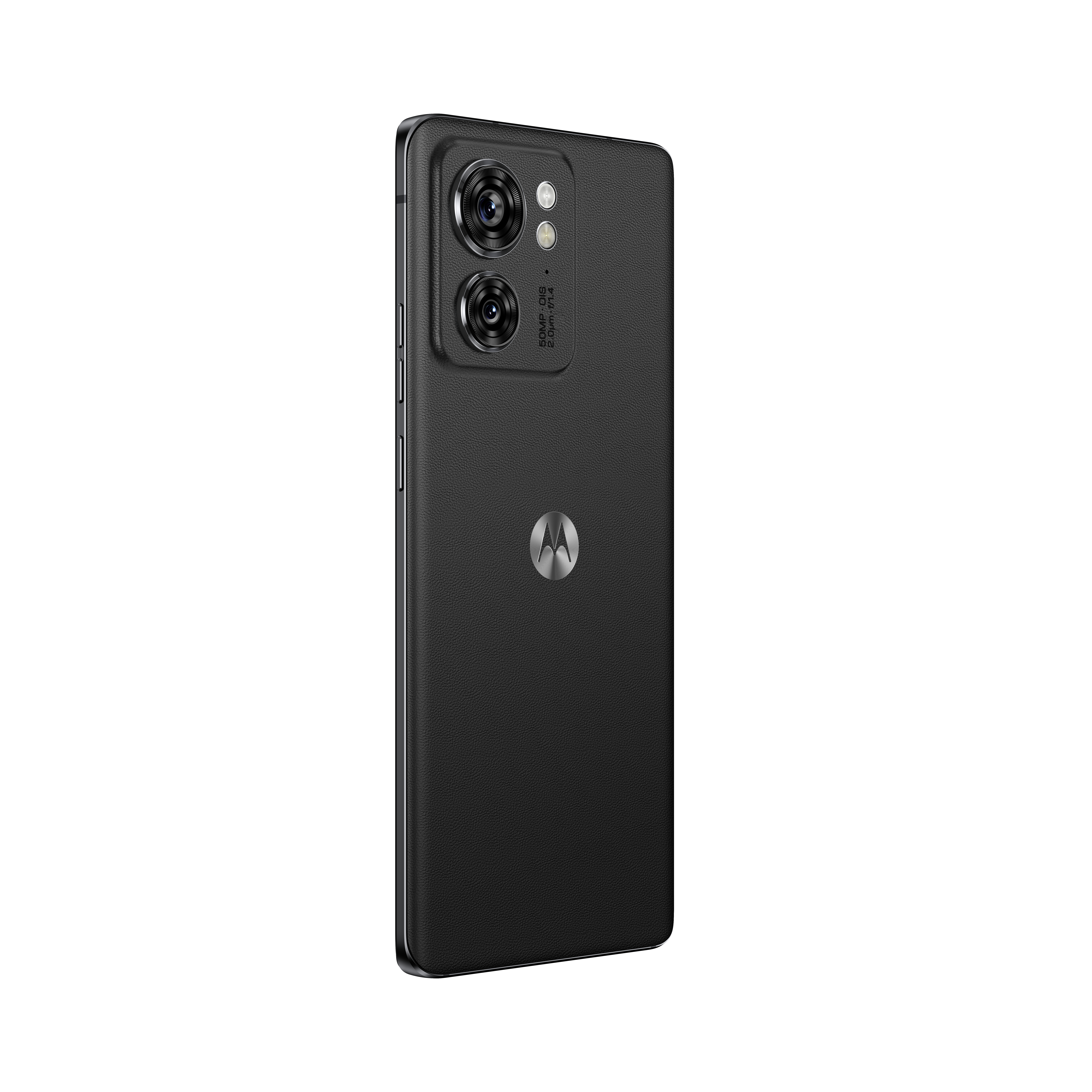 Schwarzes Motorola-Telefon mit Dual-Objektiv-Kamera. Schwarzer Hintergrund.
