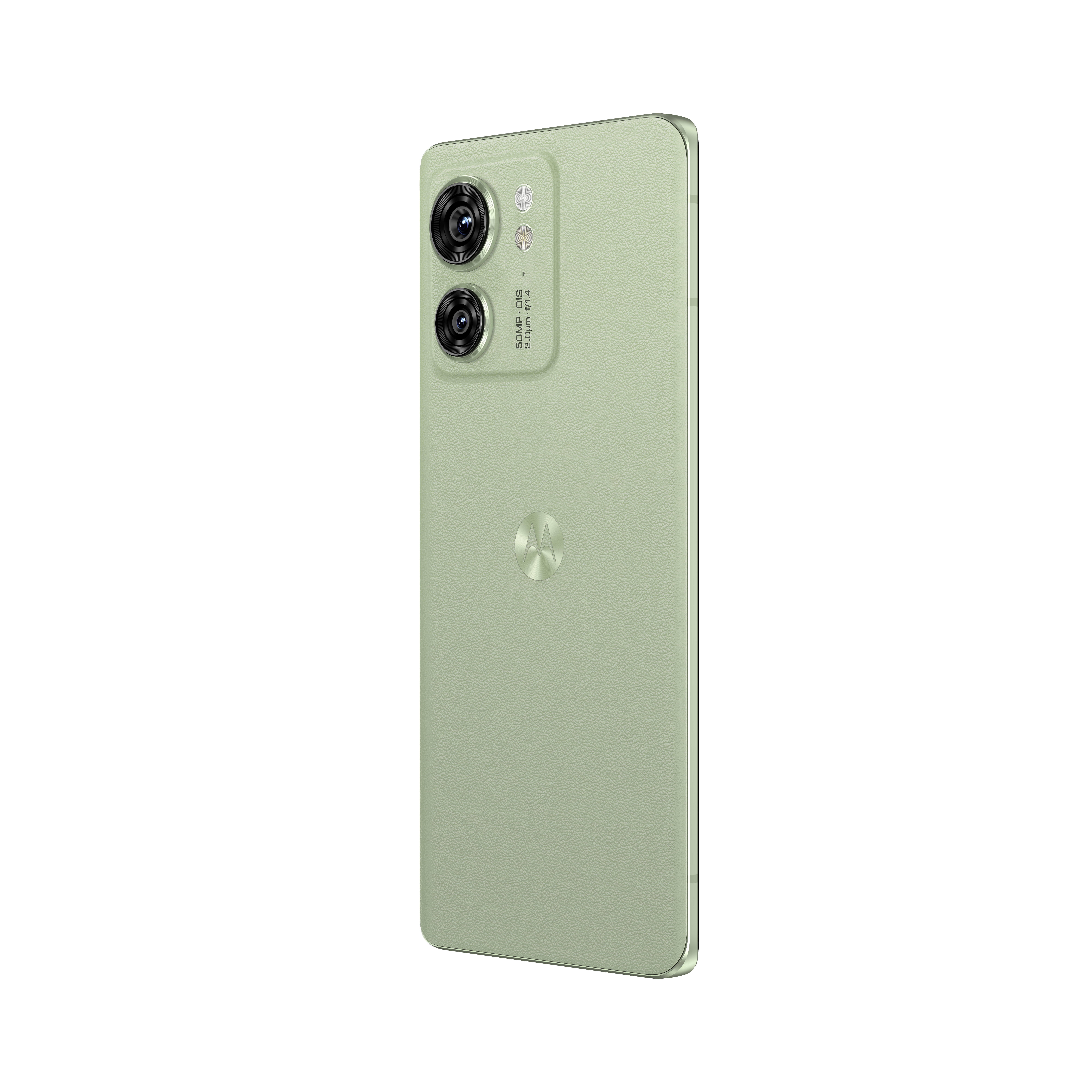 Grünes Motorola-Telefon mit zwei Rückkameras und zentralem Logo.