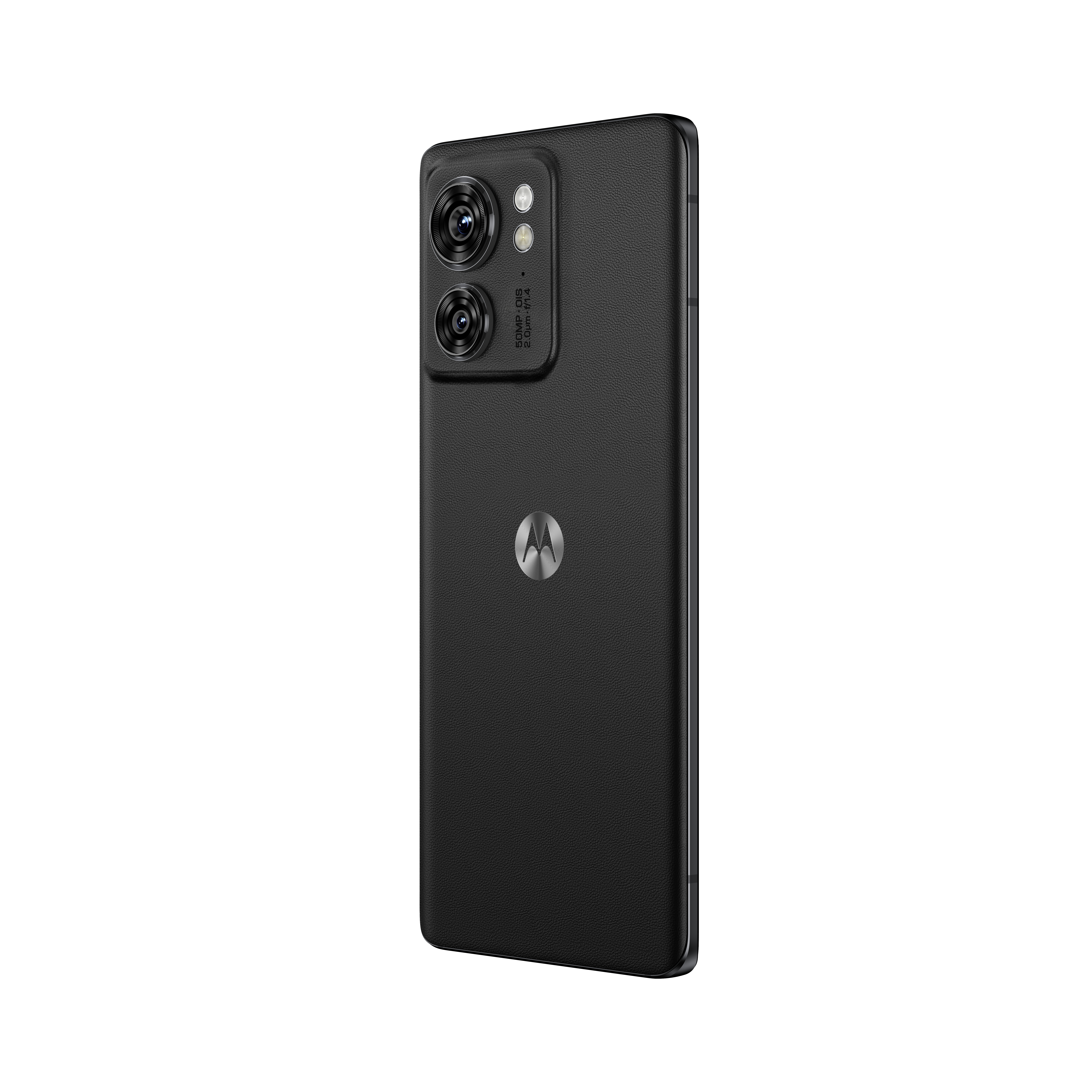 Schwarzes Motorola-Telefon, Rückansicht, mit Dual-Kameras und einem metallischen Logo.