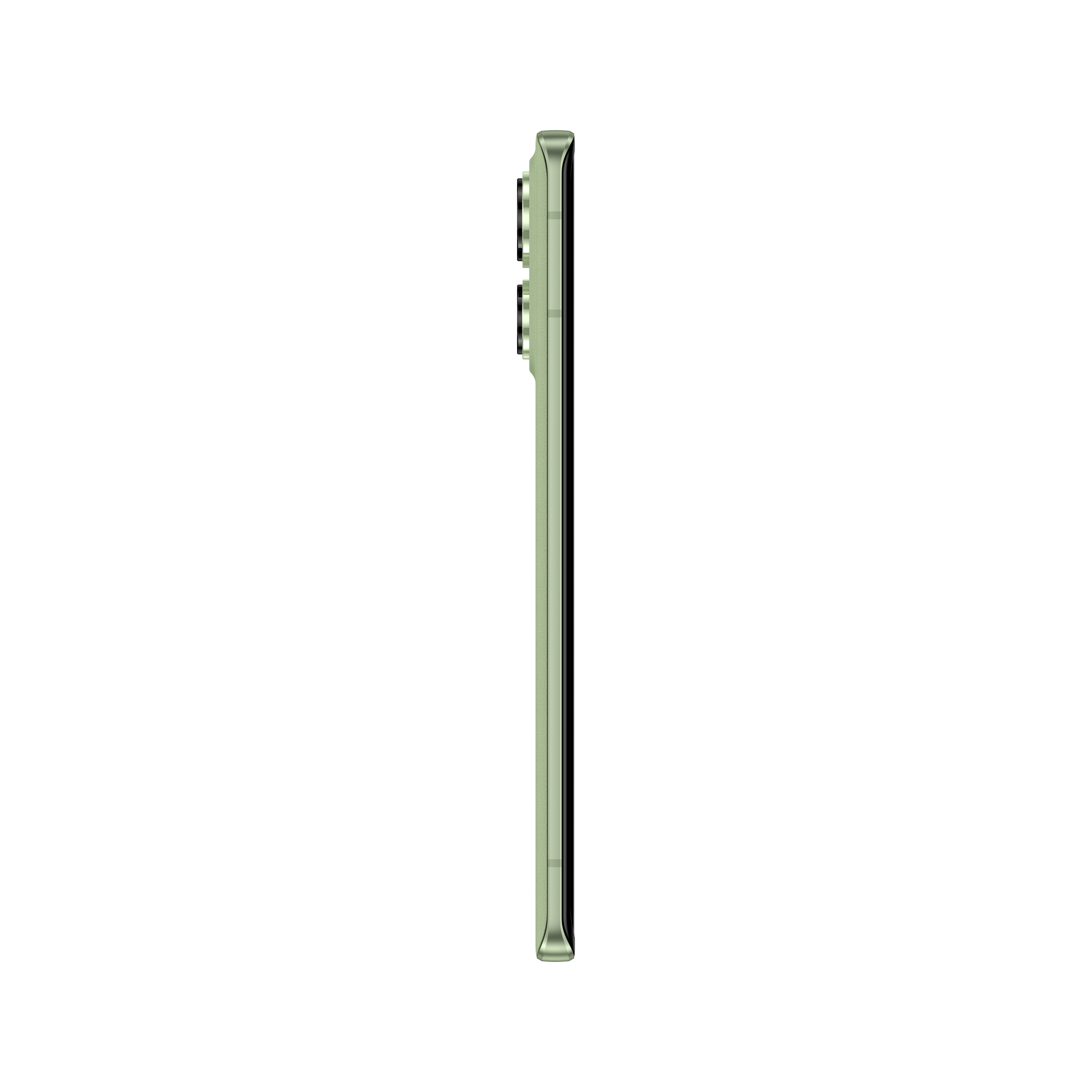 Seitenansicht eines grünen Telefons mit Kameras und elegantem Design.
