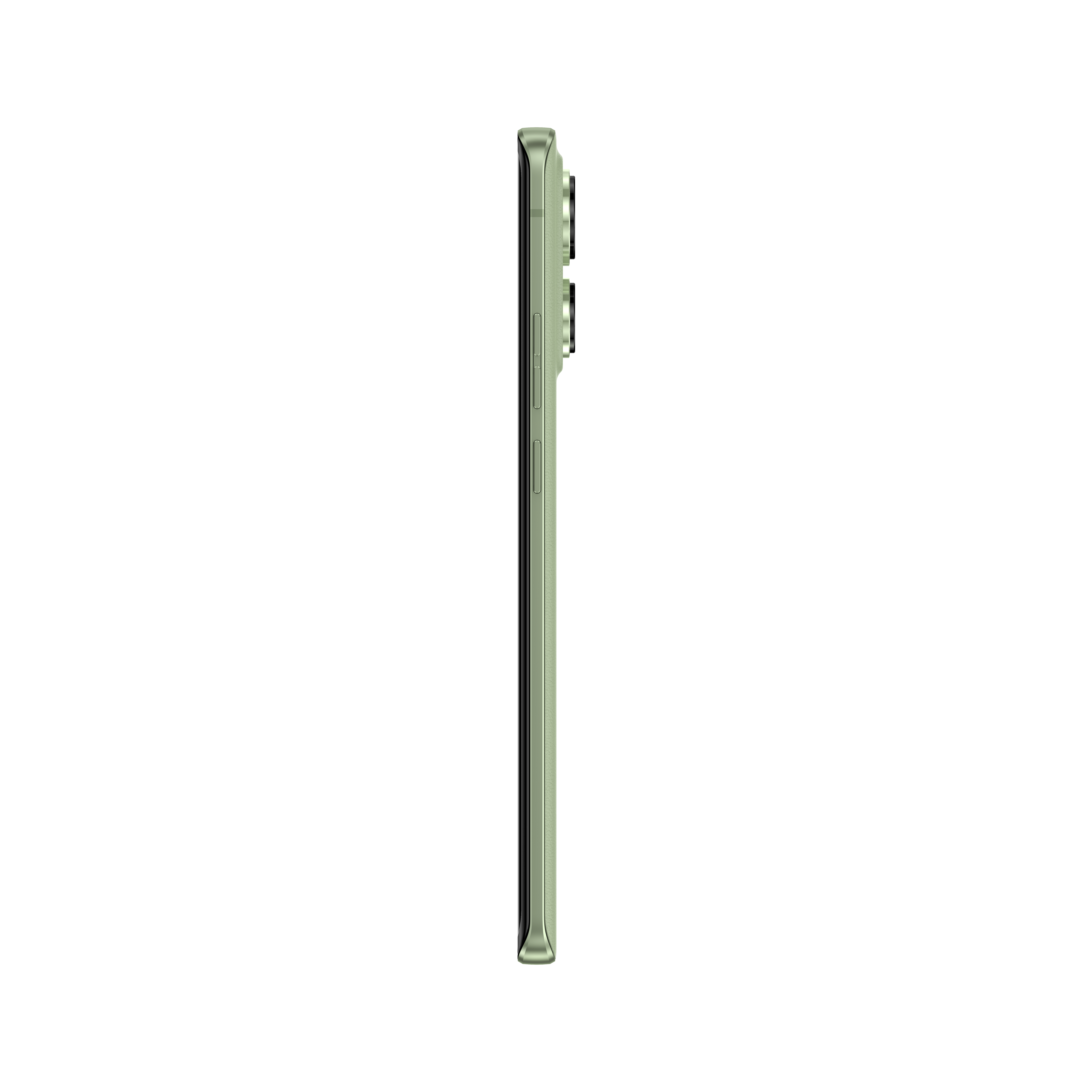 Seitenansicht eines hellgrünen Smartphones. Schlankes Design, mit Kameralinsen auf der Rückseite.