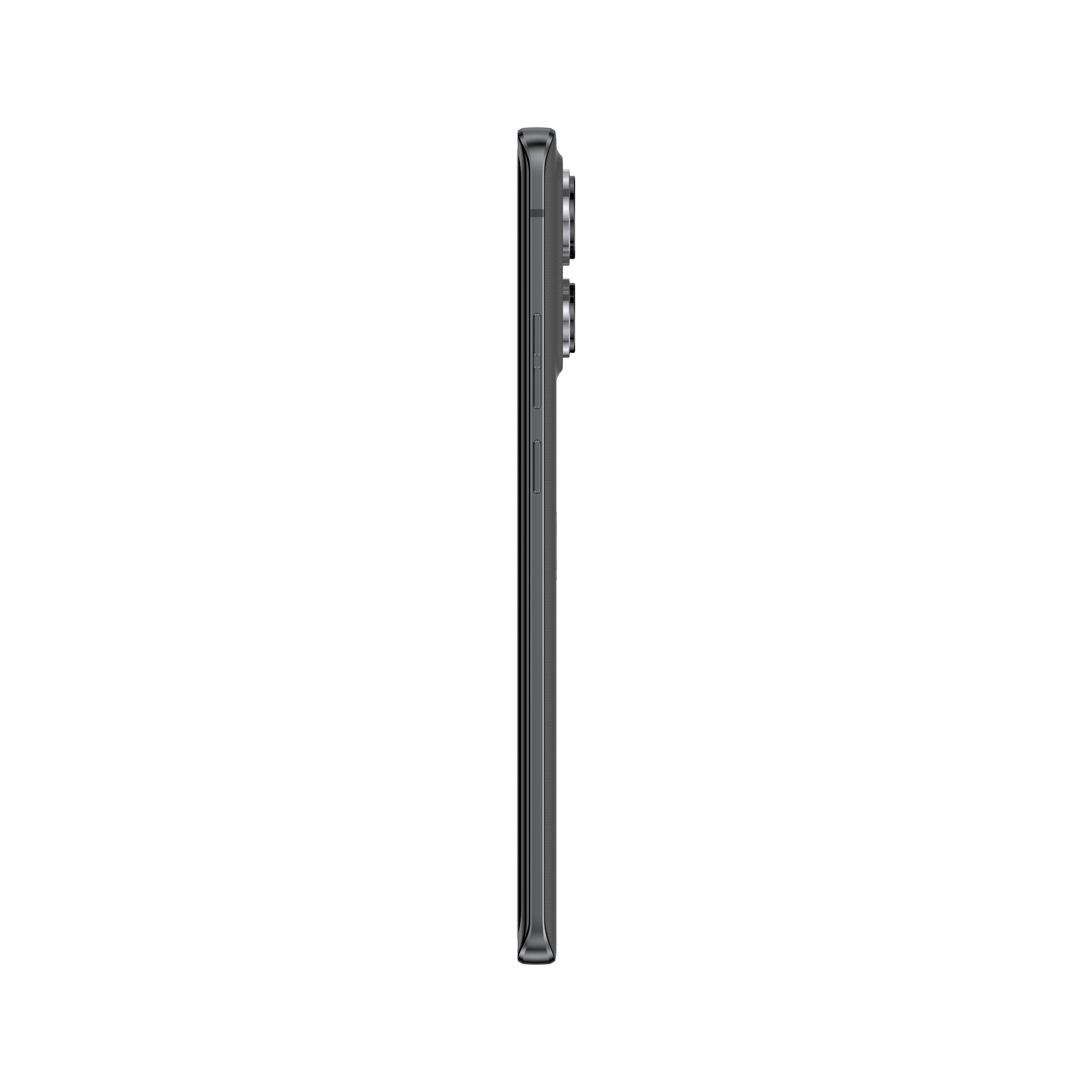 Seitenansicht eines schwarzen Smartphones mit drei Kameras und elegantem Design.