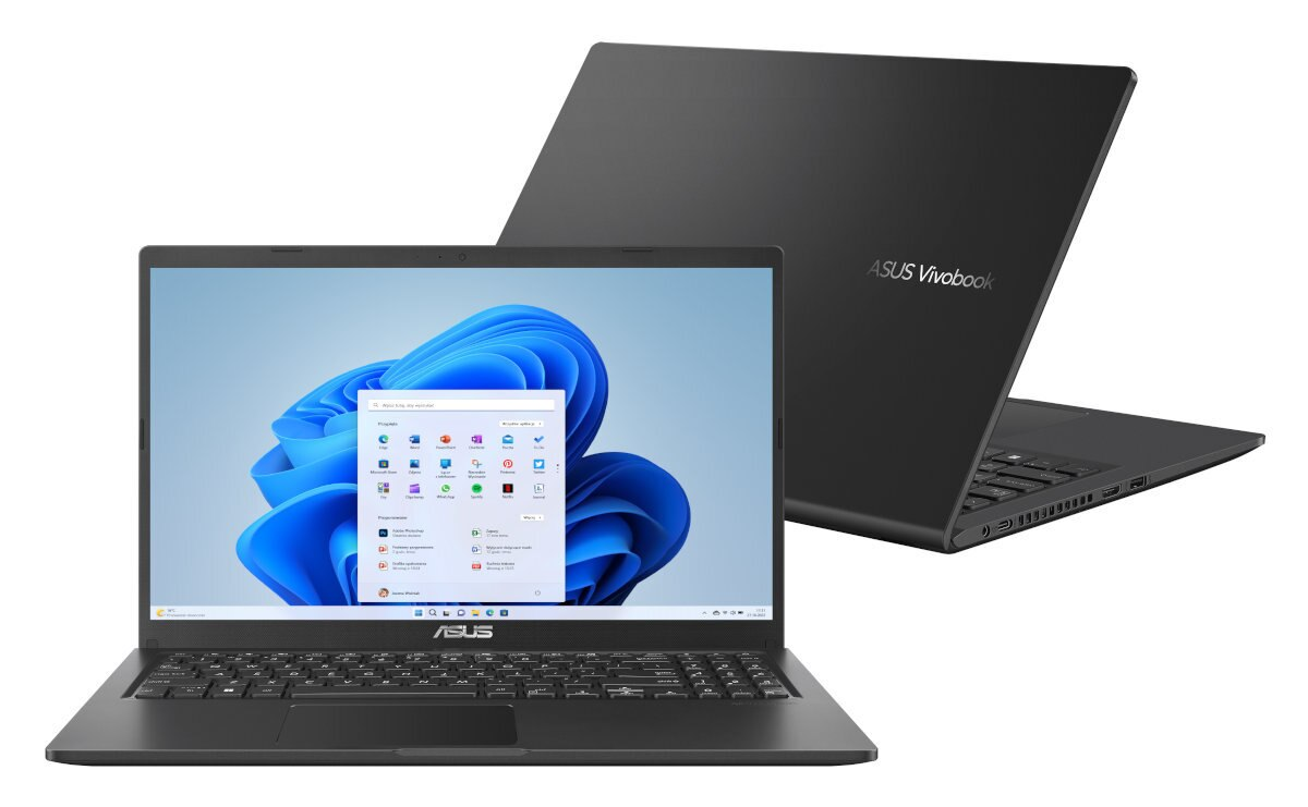 Dwa czarne laptopy ASUS Vivobook, jeden otwarty z interfejsem Windows 11, białe tło.