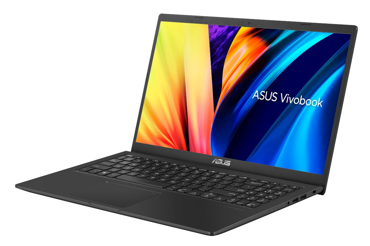 Czarny laptop z otwartym ekranem. Wyświetla kolorowy obraz abstrakcyjny. Białe tło.