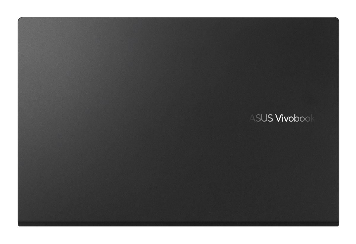 Górna część ciemnoszarego laptopa ASUS Vivobook. Widoczne logo ASUS Vivobook.
