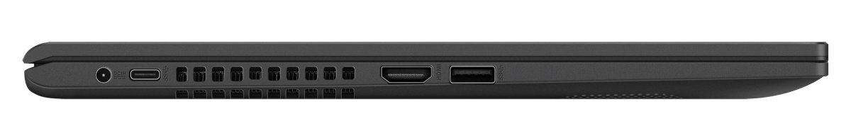 Profil boczny czarnego laptopa z widocznymi portami z boku.