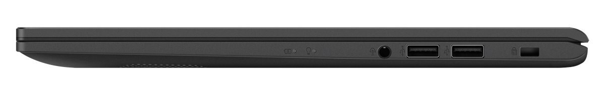Widok z boku cienkiego, czarnego laptopa z kilkoma portami.