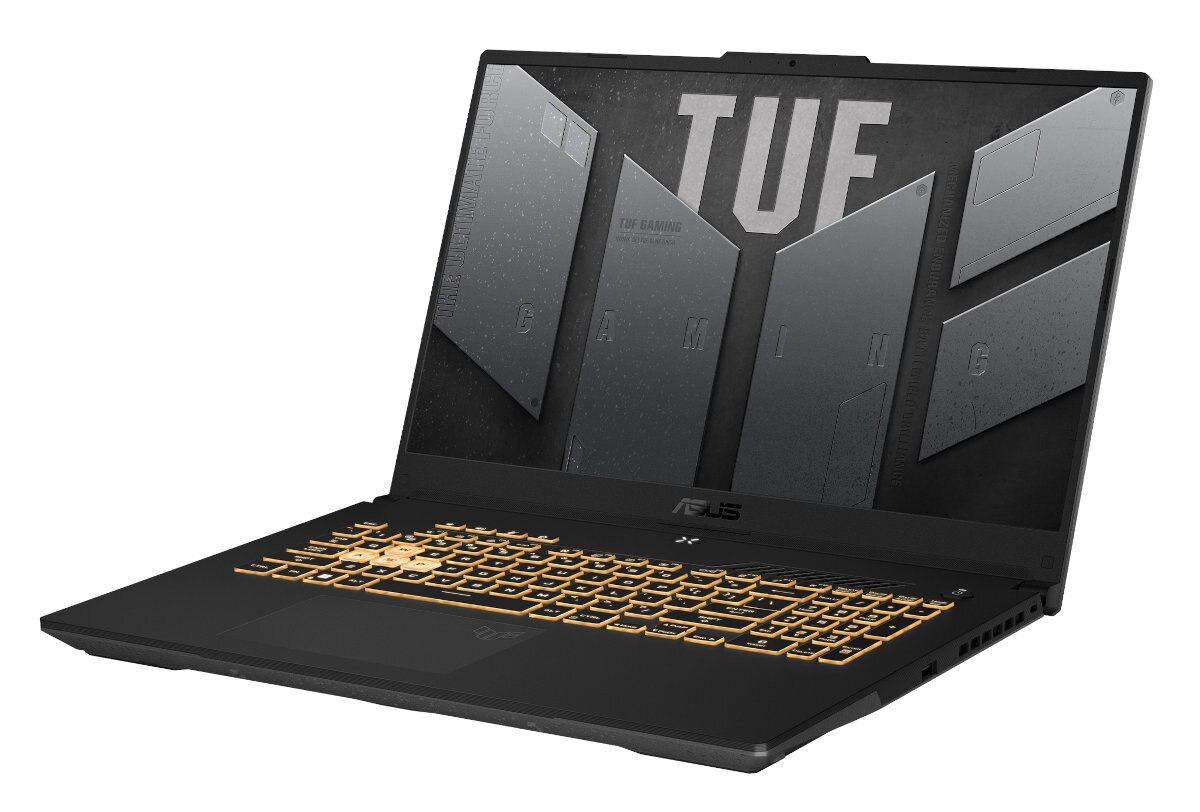 Czarny laptop, otwarty, z podświetlaną złotą klawiaturą. Ekran wyświetla 'TUF GAMING'.