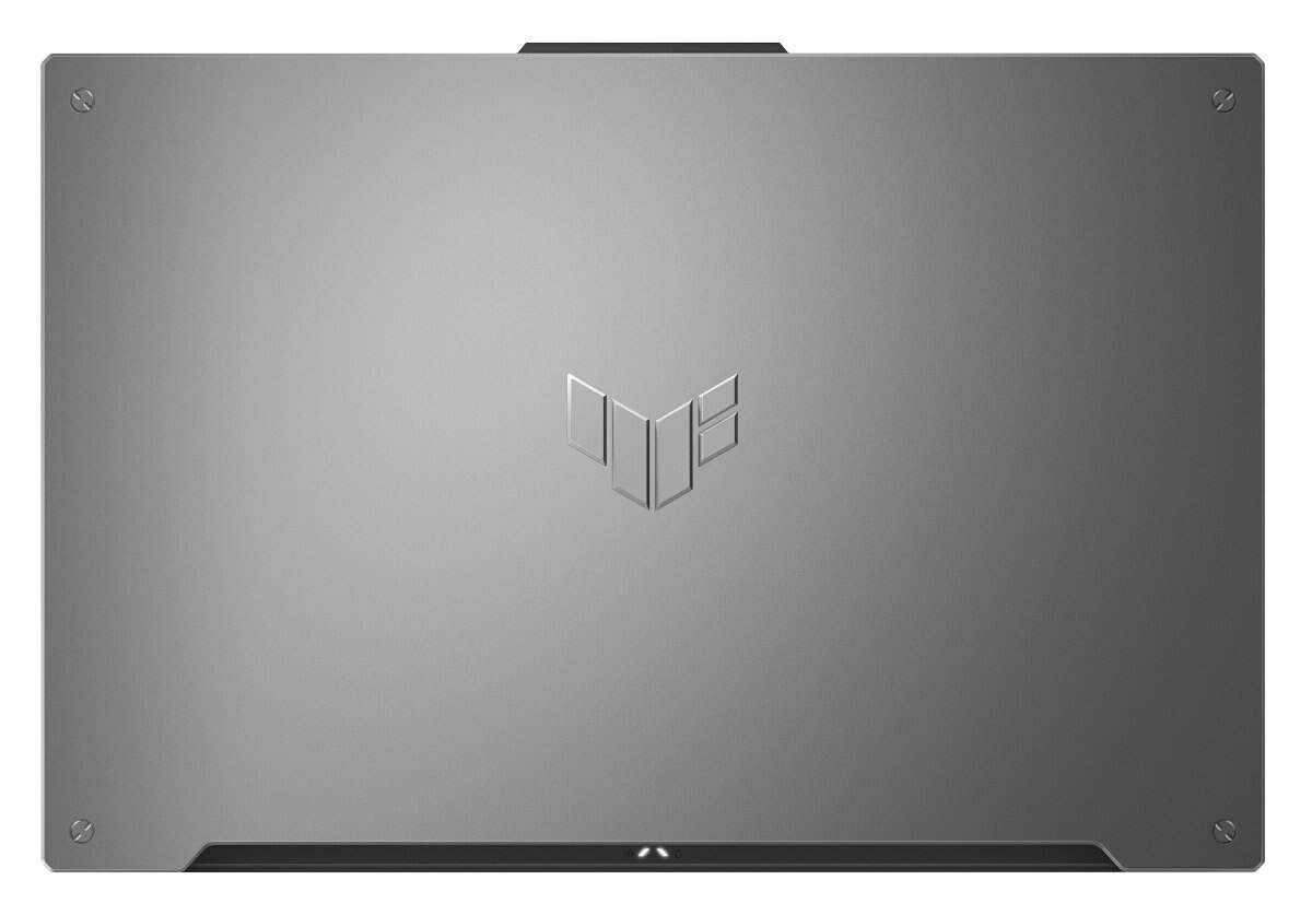 Srebrna pokrywa laptopa z logo i widocznymi śrubami.