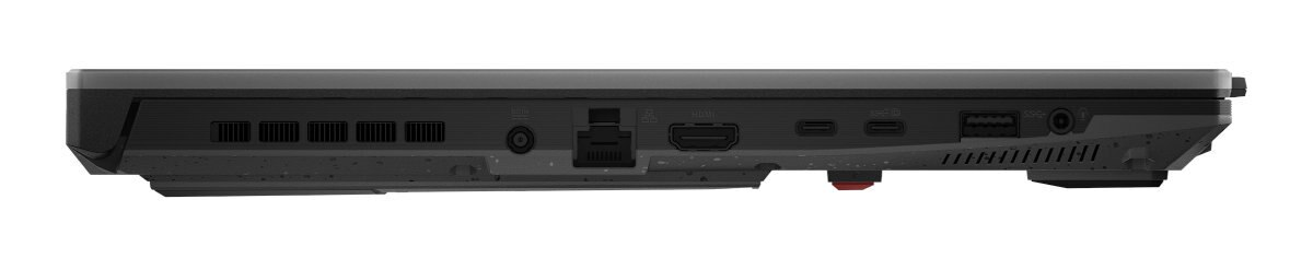 Widok od spodu laptopa pokazujący porty. Widoczne HDMI, Ethernet, USB i inne porty.