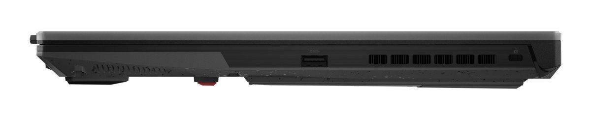 Widok z boku czarnego laptopa z portami USB i otworami wentylacyjnymi.