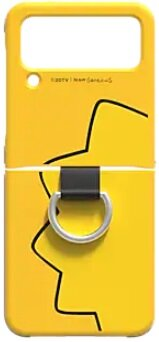 Żółte etui na telefon z konturem Pikachu, czarnym kółkiem i paskiem.