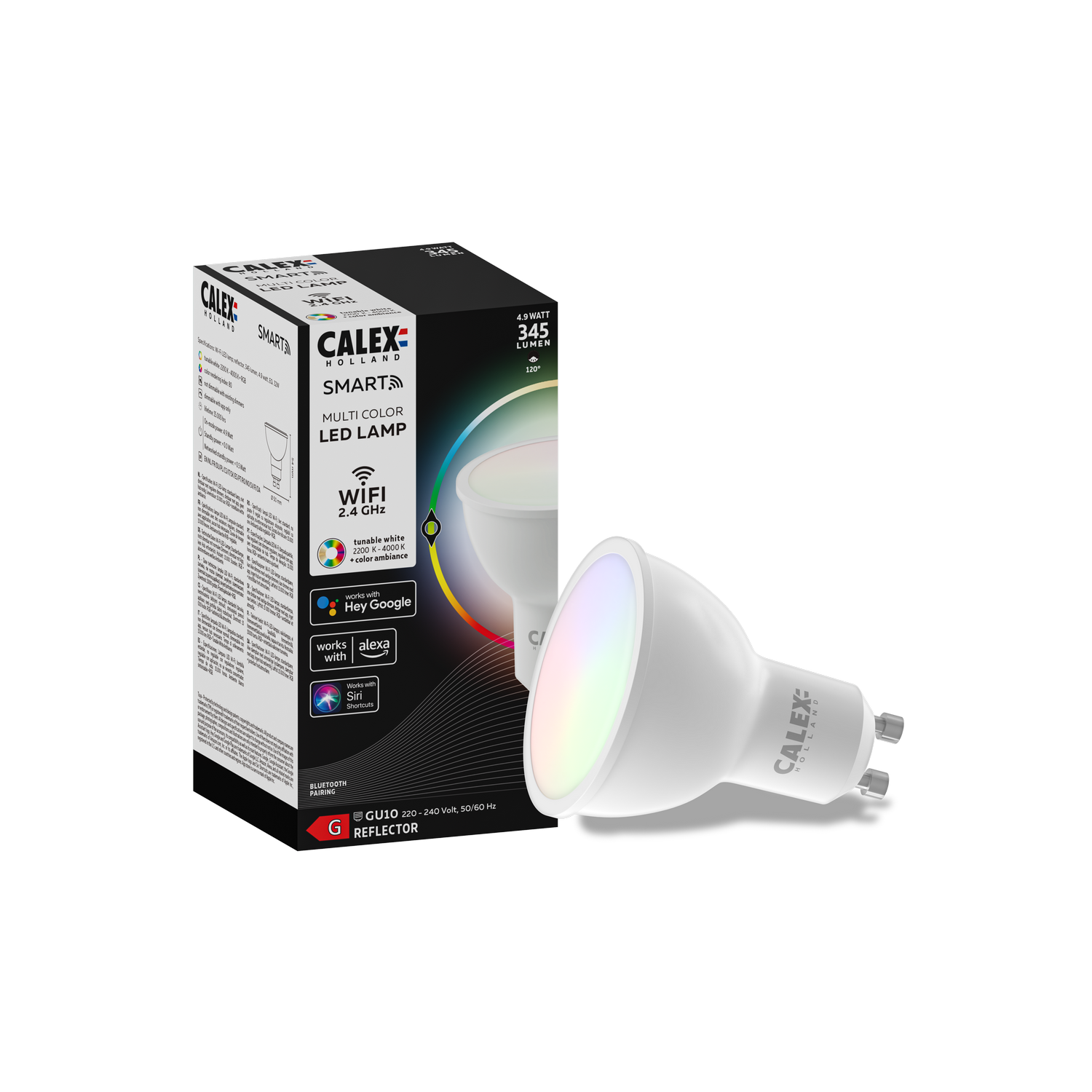 White Calex LED smart light bulb with a colorful light effect. A box is behind the bulb.