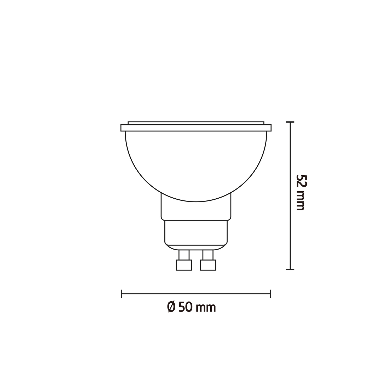 A light bulb diagram with measurements: 50mm diameter and 52mm height.