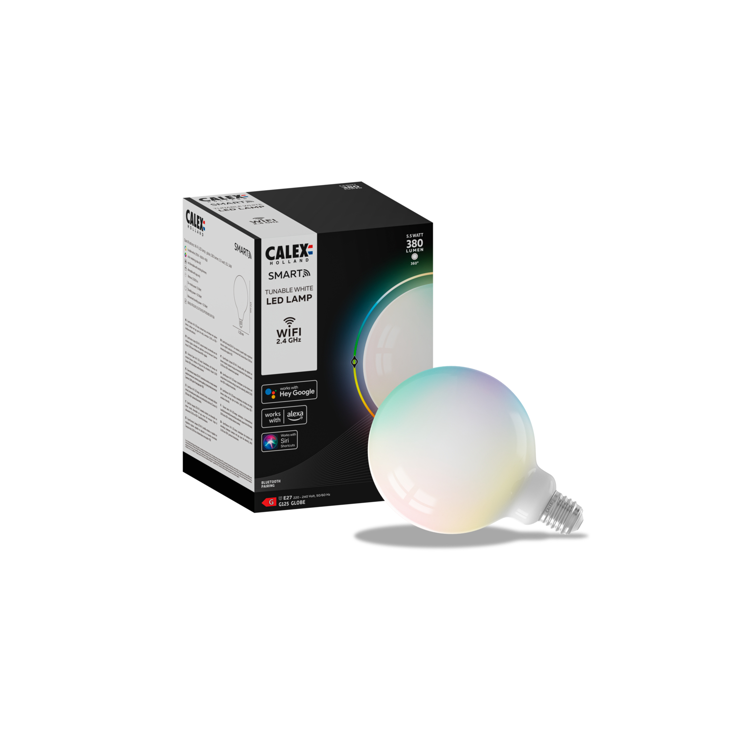 A Calex LED smart light bulb with a box. The bulb is white and has color gradients.