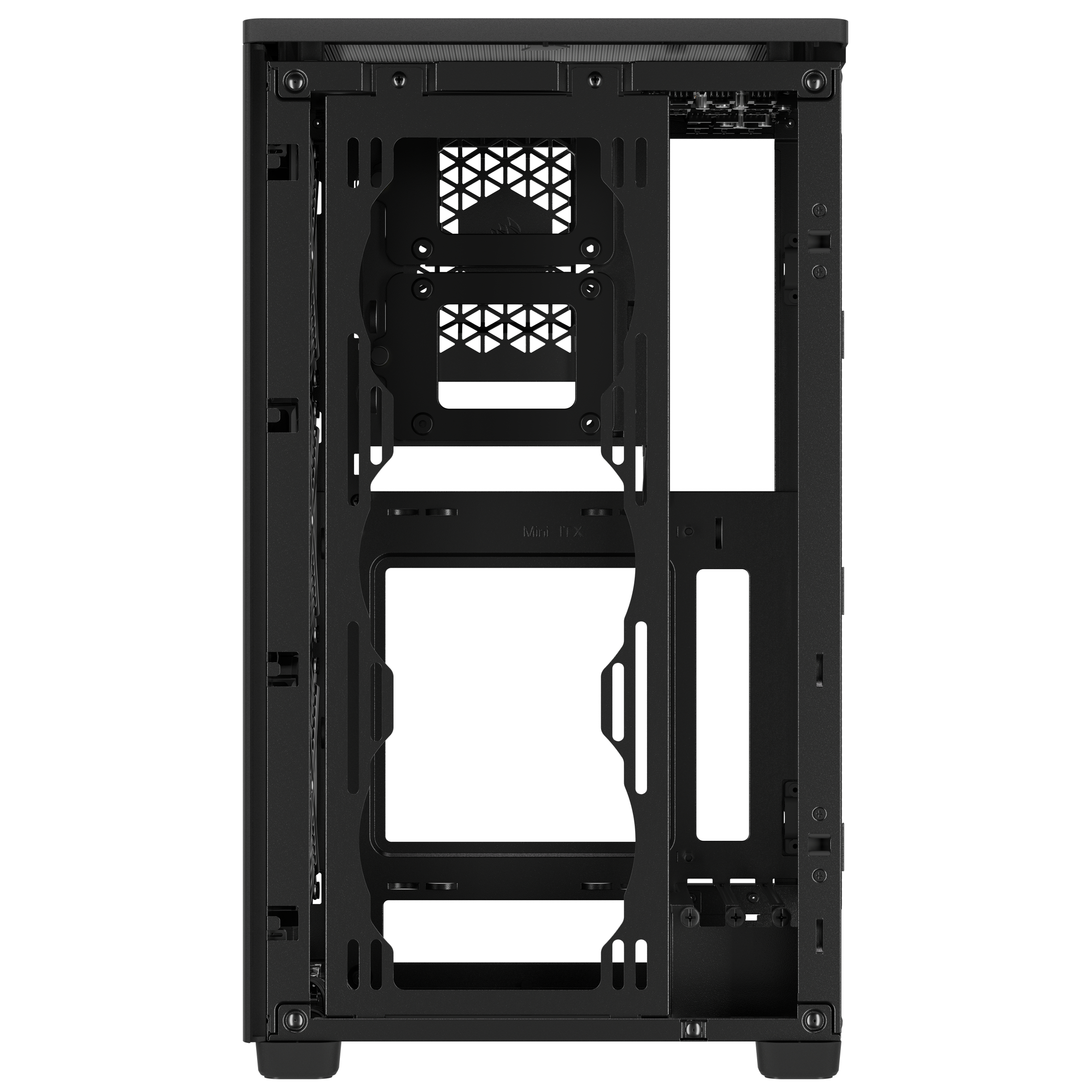Schwarzes PC-Gehäuse, offenes Rahmendesign. Enthält Montagepunkte und Aussparungen für Komponenten.