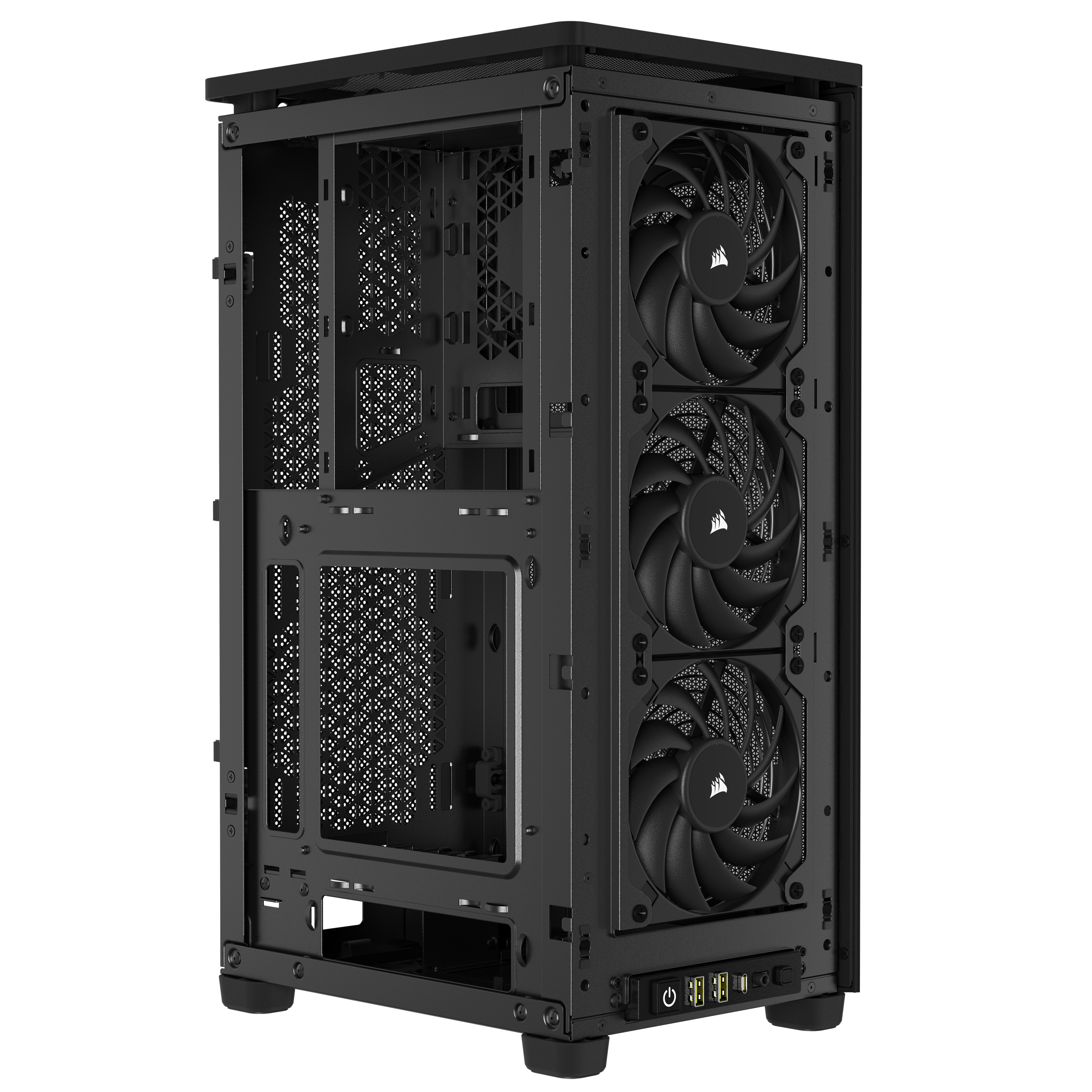Schwarzes Computergehäuse, offene Seite mit Lüftern, interne Komponenten sichtbar.