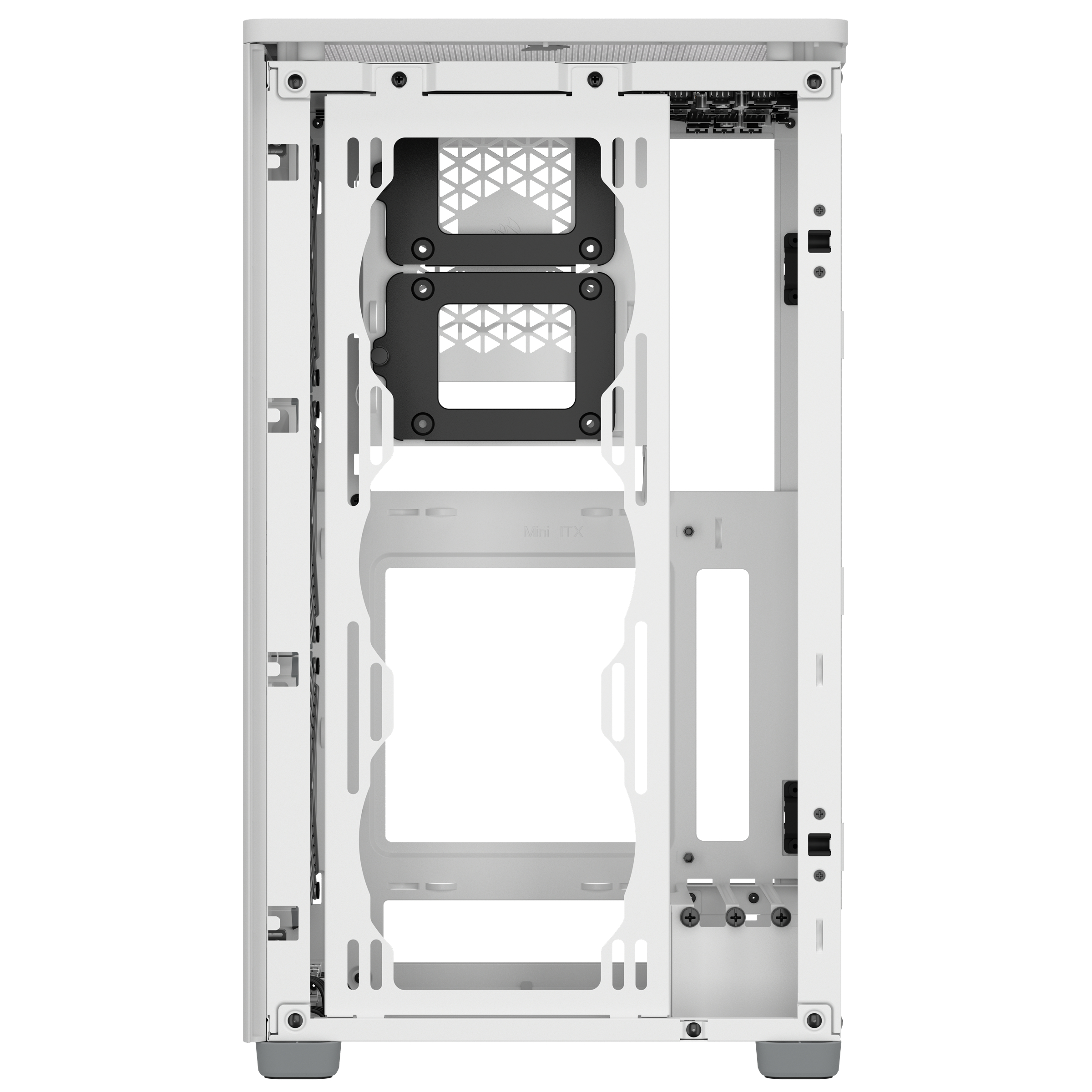 Weißes Computergehäuse-Interieur mit offenem Rahmendesign, verschiedenen Befestigungspunkten und grauen Stützen.