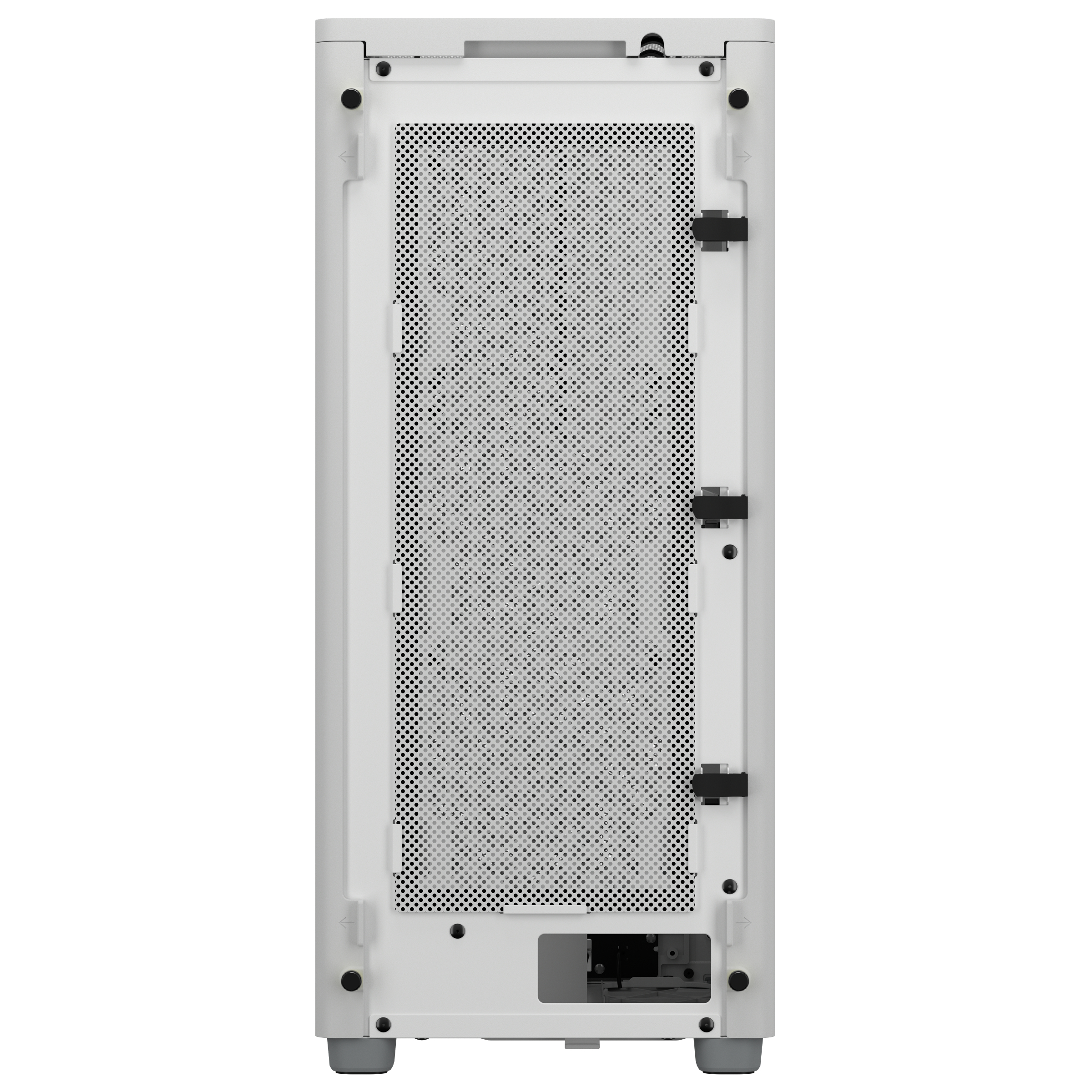 Rückseite eines weißen Computergehäuses mit einem Mesh-Panel und verschiedenen Anschlüssen.