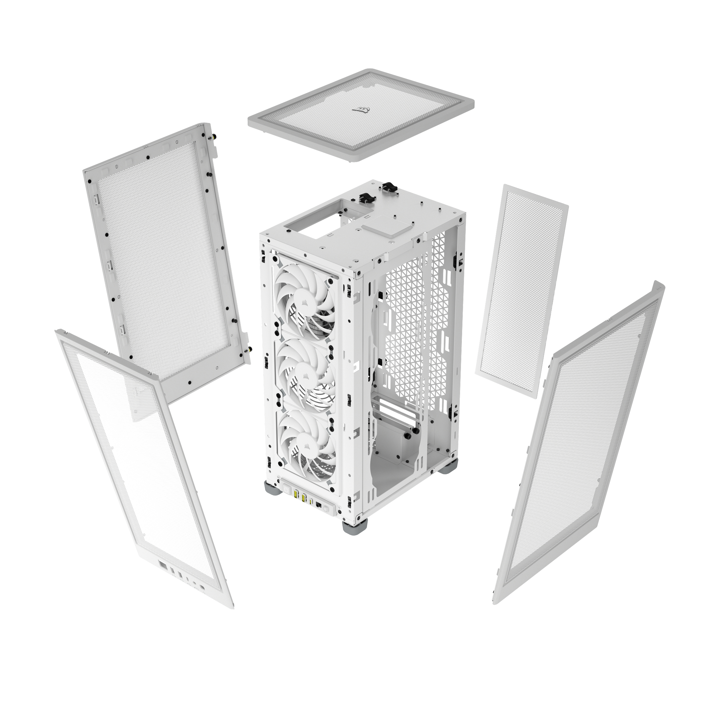 Zerlegtes weißes Computergehäuse. Enthält Lüfter, Platten und den Hauptrahmen.