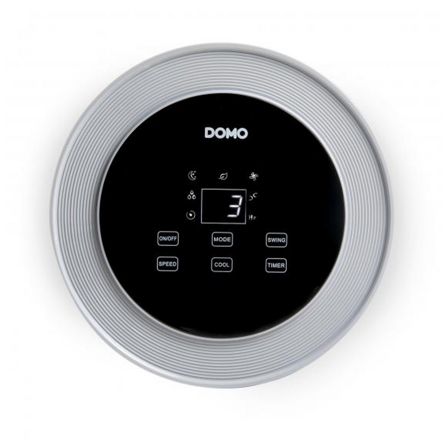 Panneau de commande de climatiseur rond argenté avec écran noir. Le texte comprend DOMO, boutons et le chiffre 3.