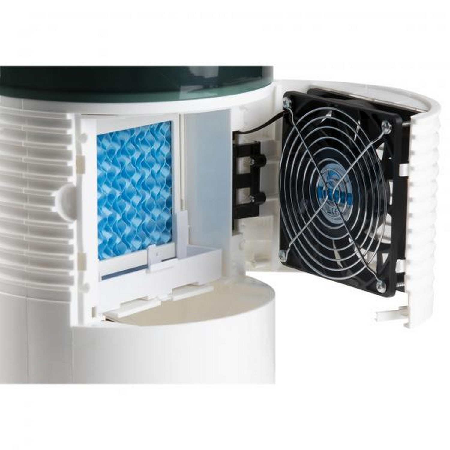 Intérieur de l'humidificateur avec un filtre bleu et un ventilateur. Boîtier blanc et vert.