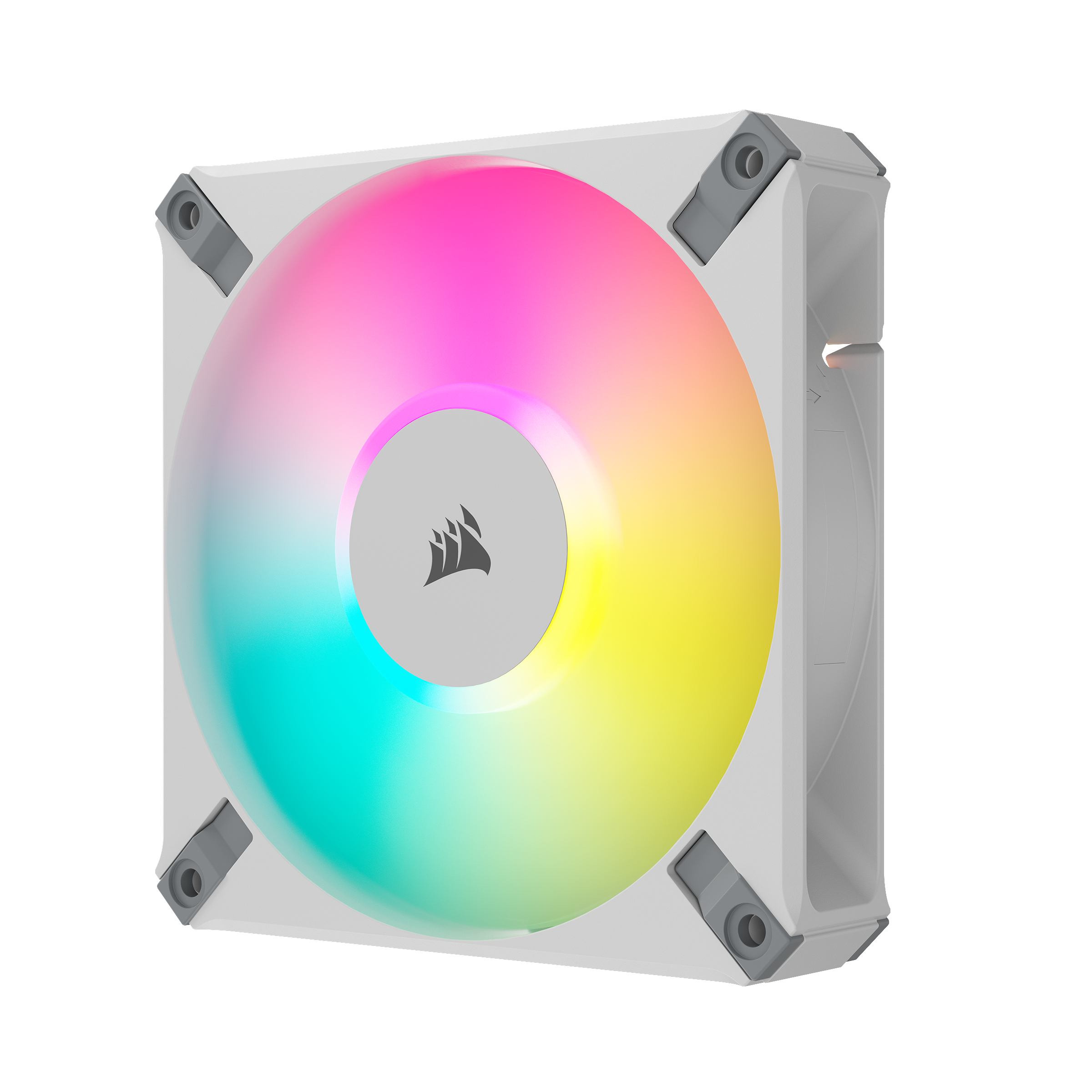 Ein weißer Computerlüfter mit bunten, regenbogenartigen Lichtern. Das Corsair-Logo in der Mitte.