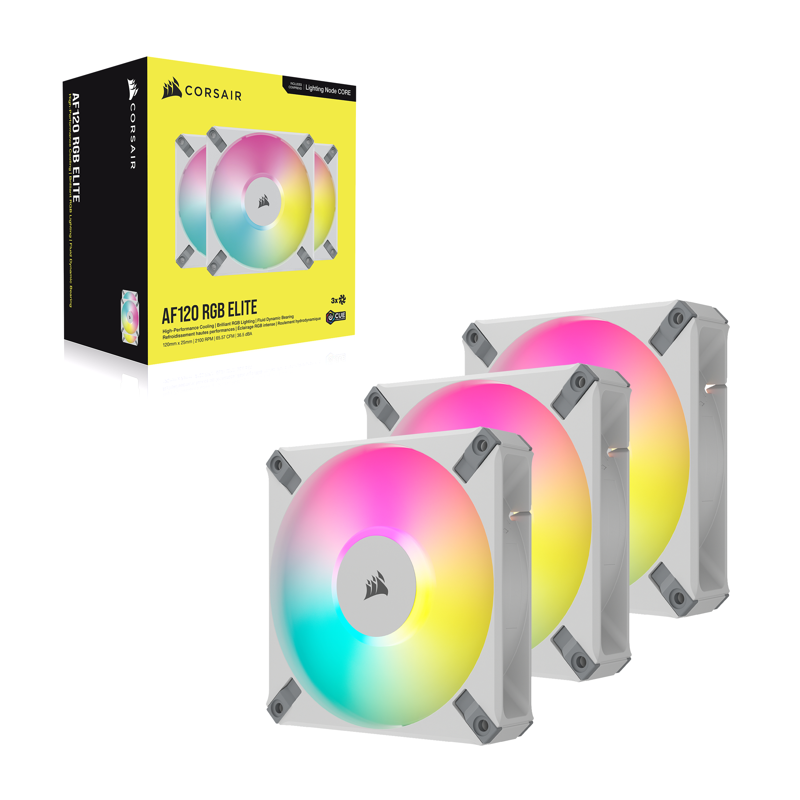 Drei Computerlüfter mit bunten Lichtern und eine Box.