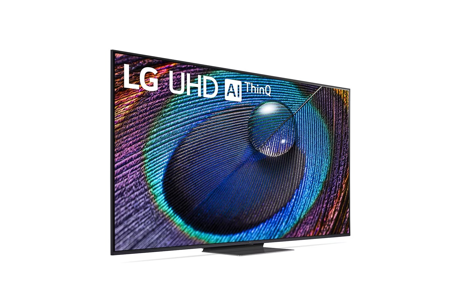 Ein Fernsehbildschirm zeigt ein Pfauenfeder-Muster, mit dem LG UHD AI ThinQ-Logo.