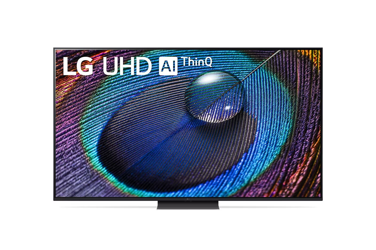 LG UHD AI ThinQ TV, zeigt ein Pfauenfedermotiv, vor weißem Hintergrund.