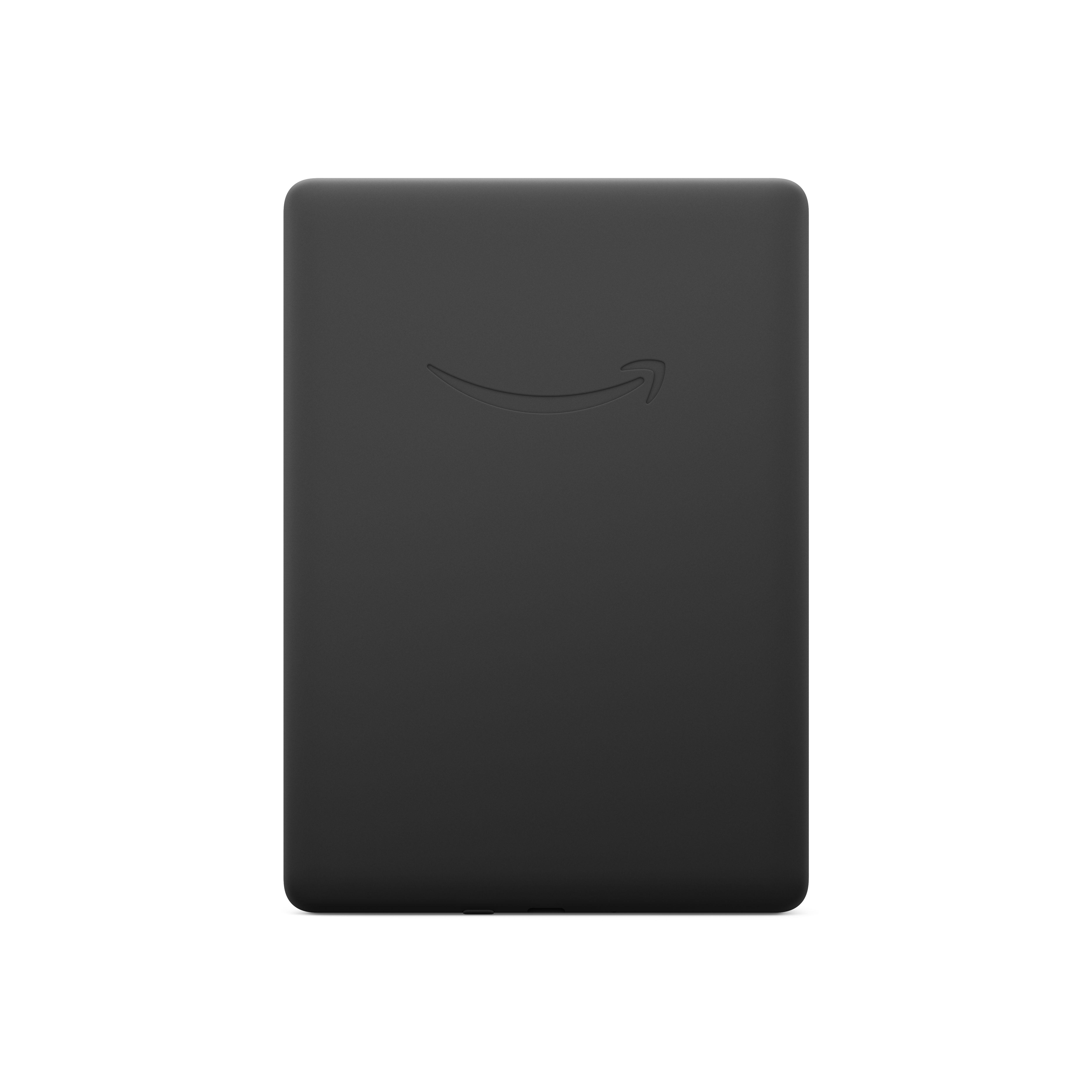 Schwarzes Kindle-Gerät, Amazon-Logo, leerer Bildschirm.