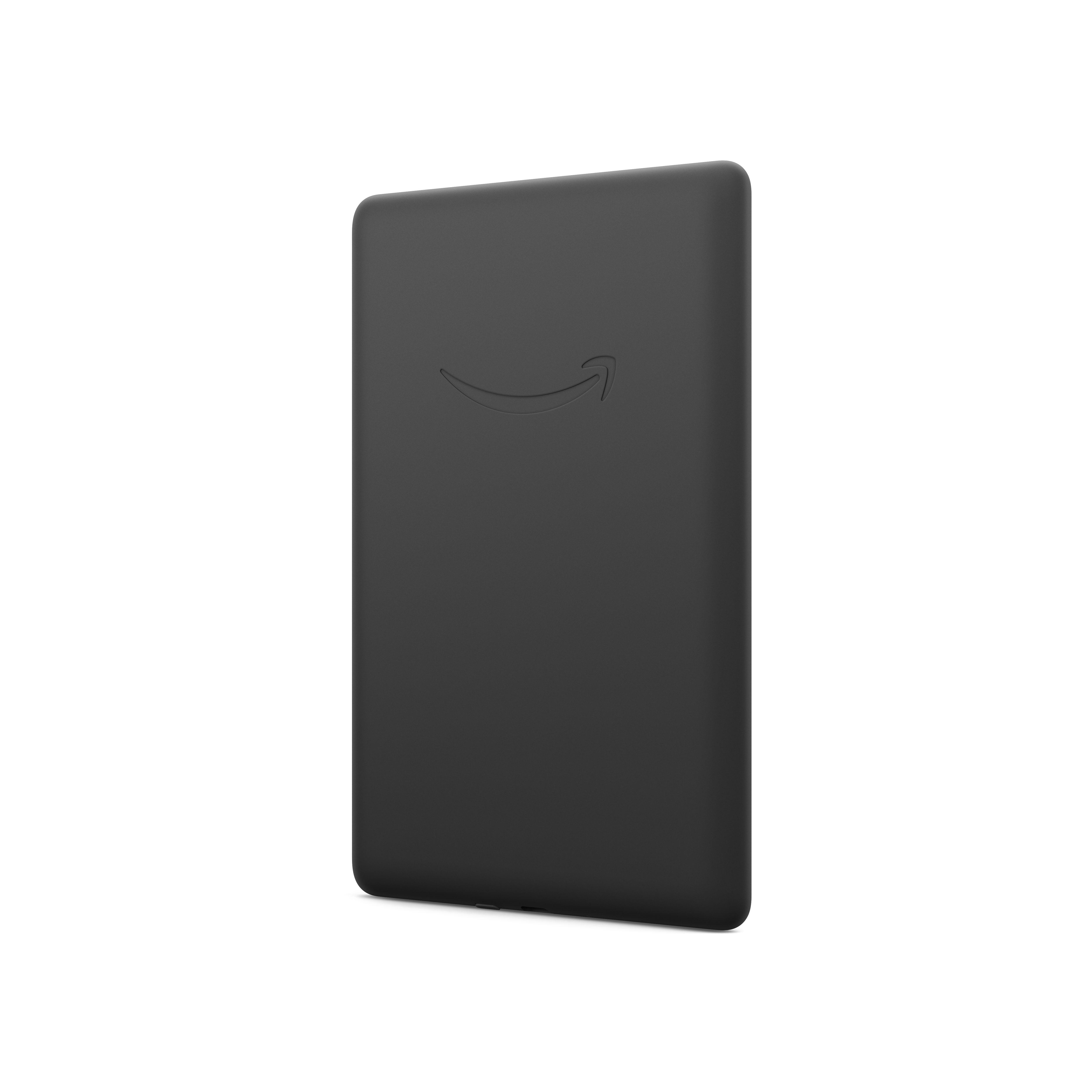 Schwarzes Tablet mit Amazon-Logo. Das Tablet ist rechteckig und der Hintergrund ist weiß.