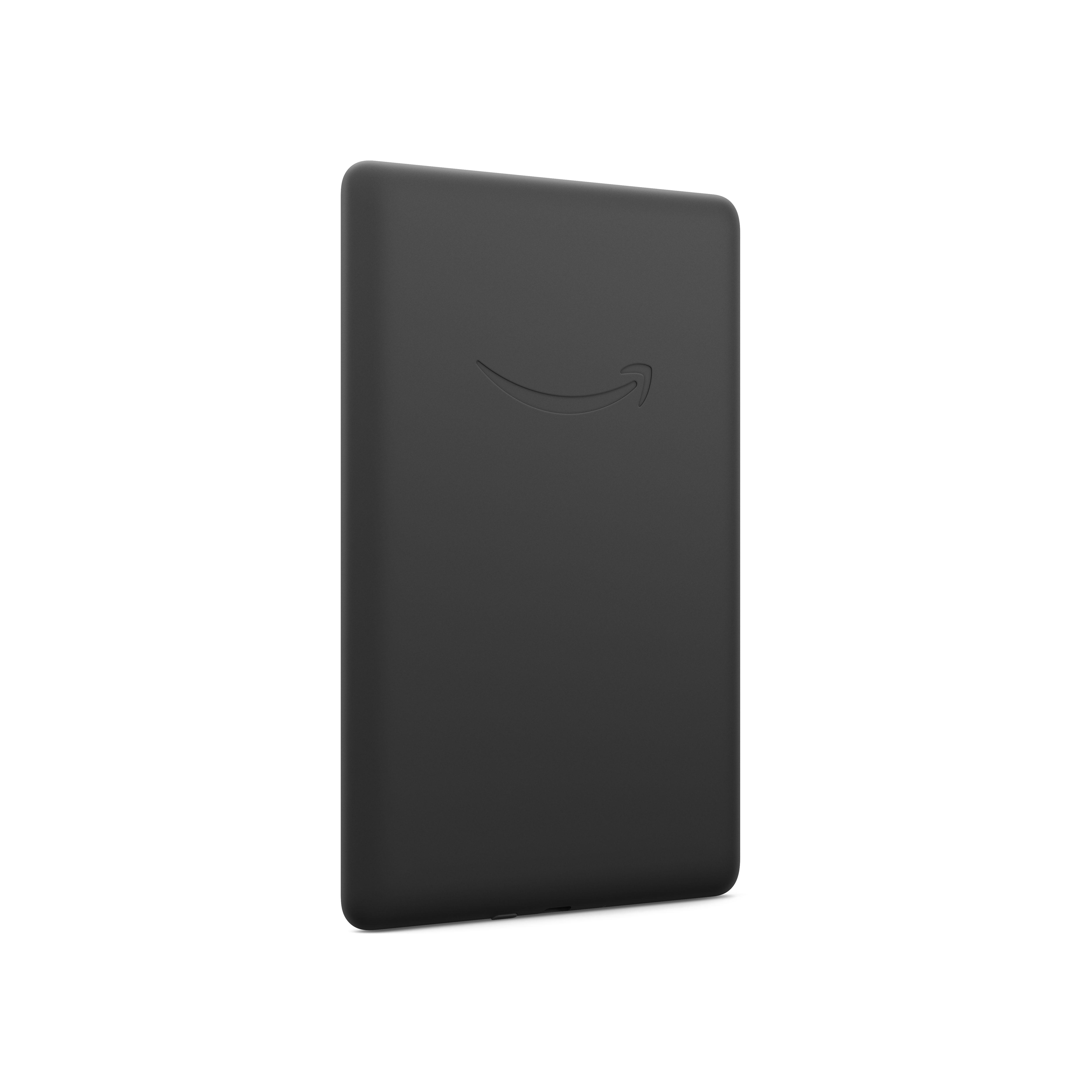 Schwarzes Kindle, Rückansicht, mit Amazon-Logo, leicht nach rechts abgewinkelt, auf Weiß.