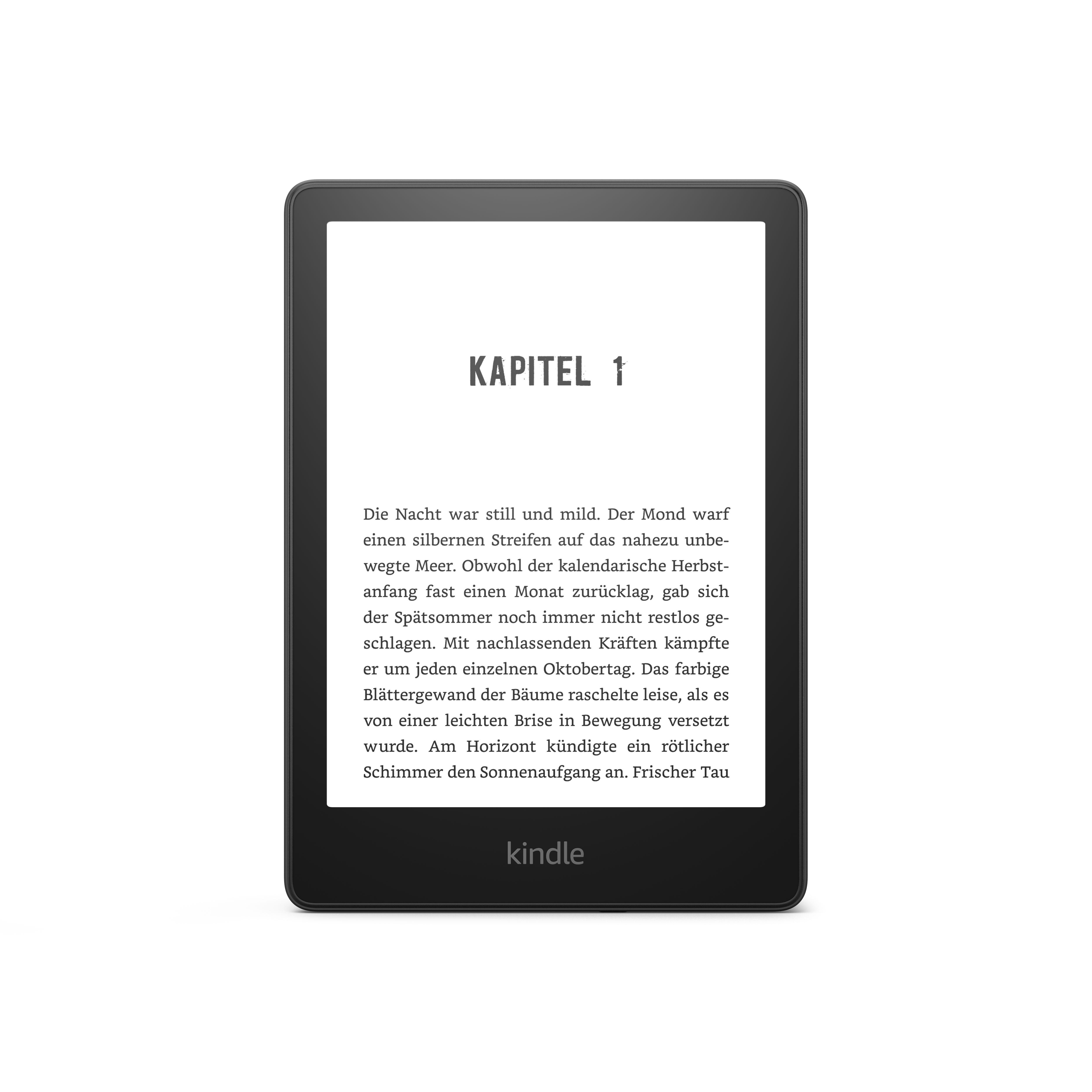 Kindle E-Reader mit Text. Schwarzes Gerät mit weißem Bildschirm mit deutschem Text.