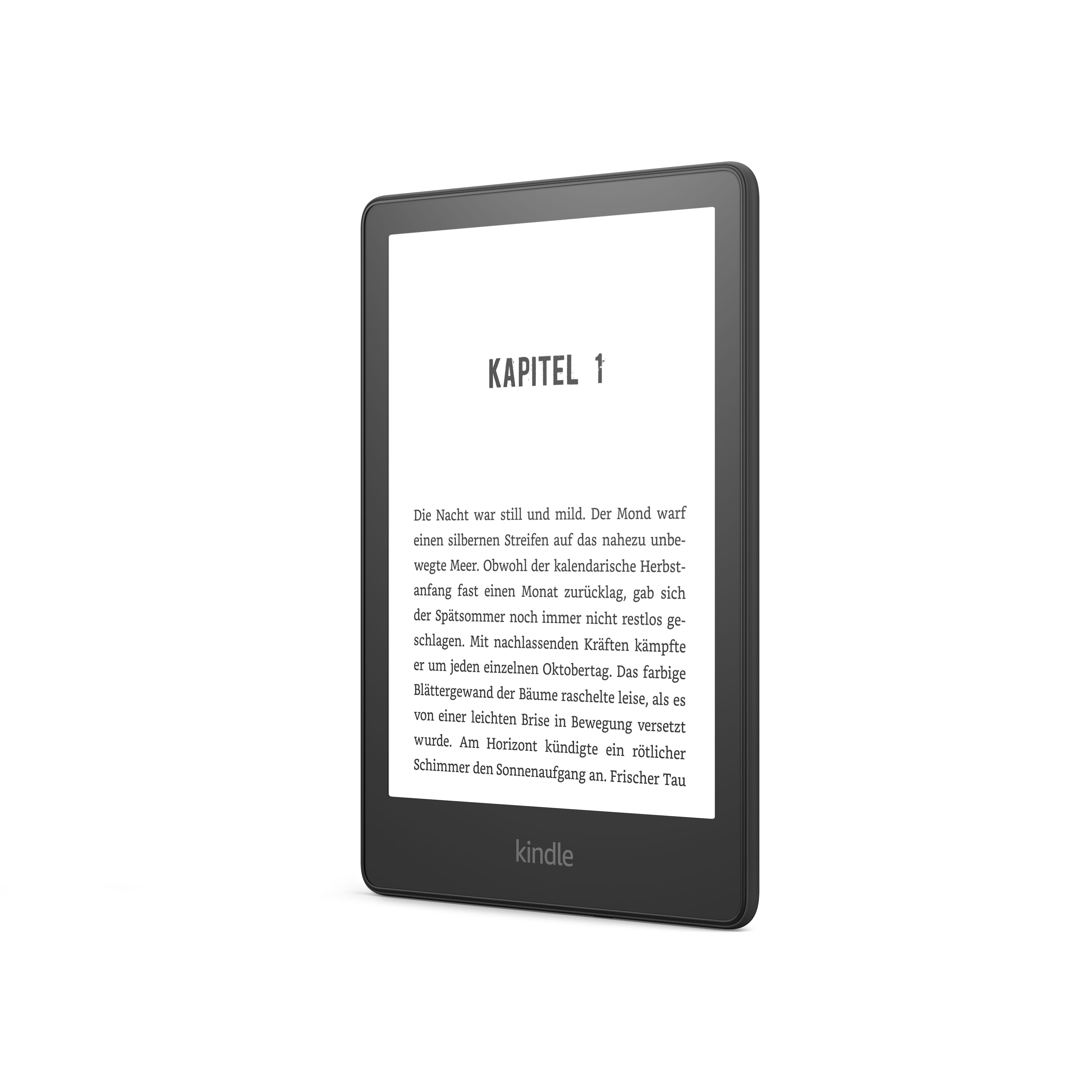 Ein schwarzes Kindle-Gerät, das das erste Kapitel eines Buches zeigt.