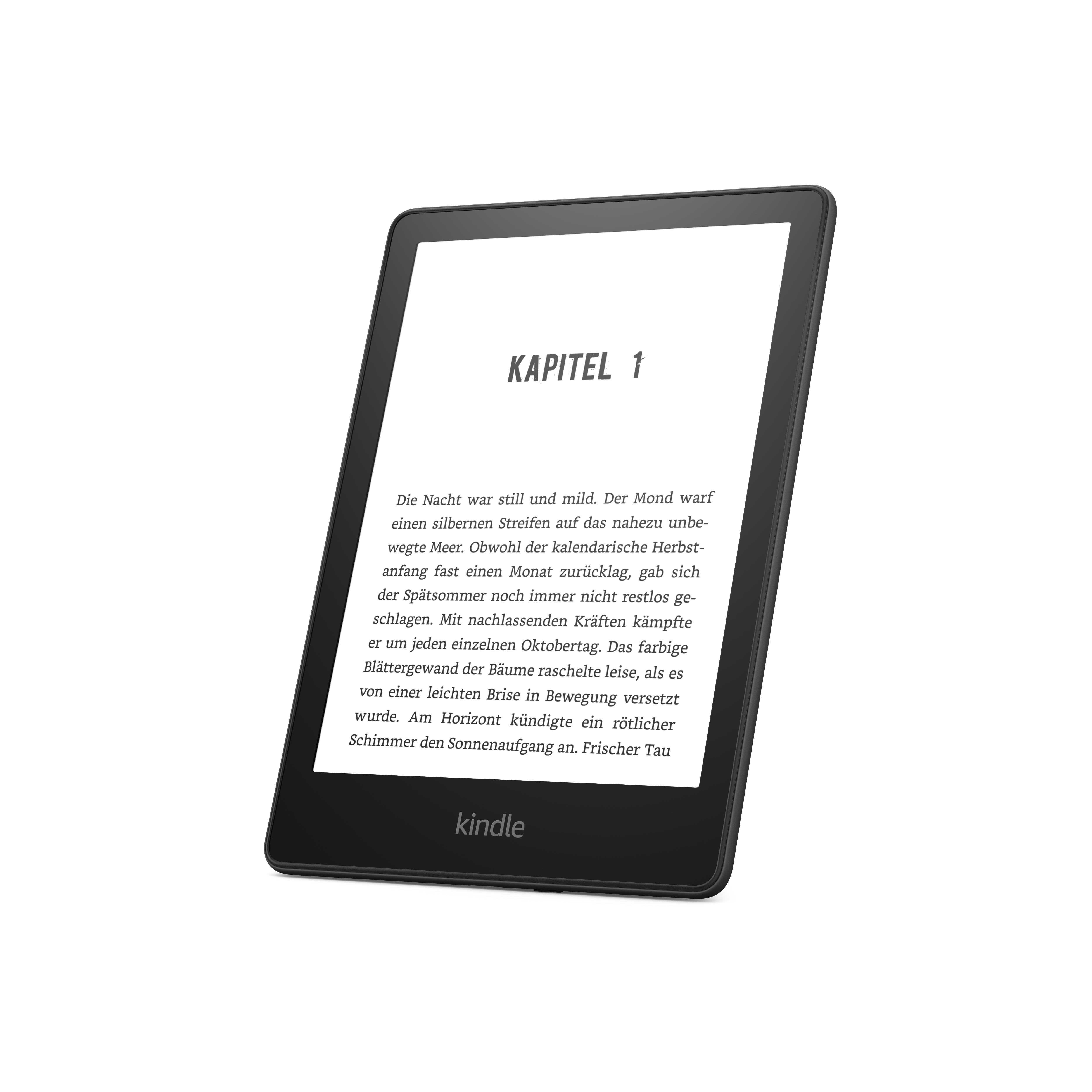 Kindle, geöffnet auf einer Textseite, mit dem Wort „KAPITEL 1“ oben.