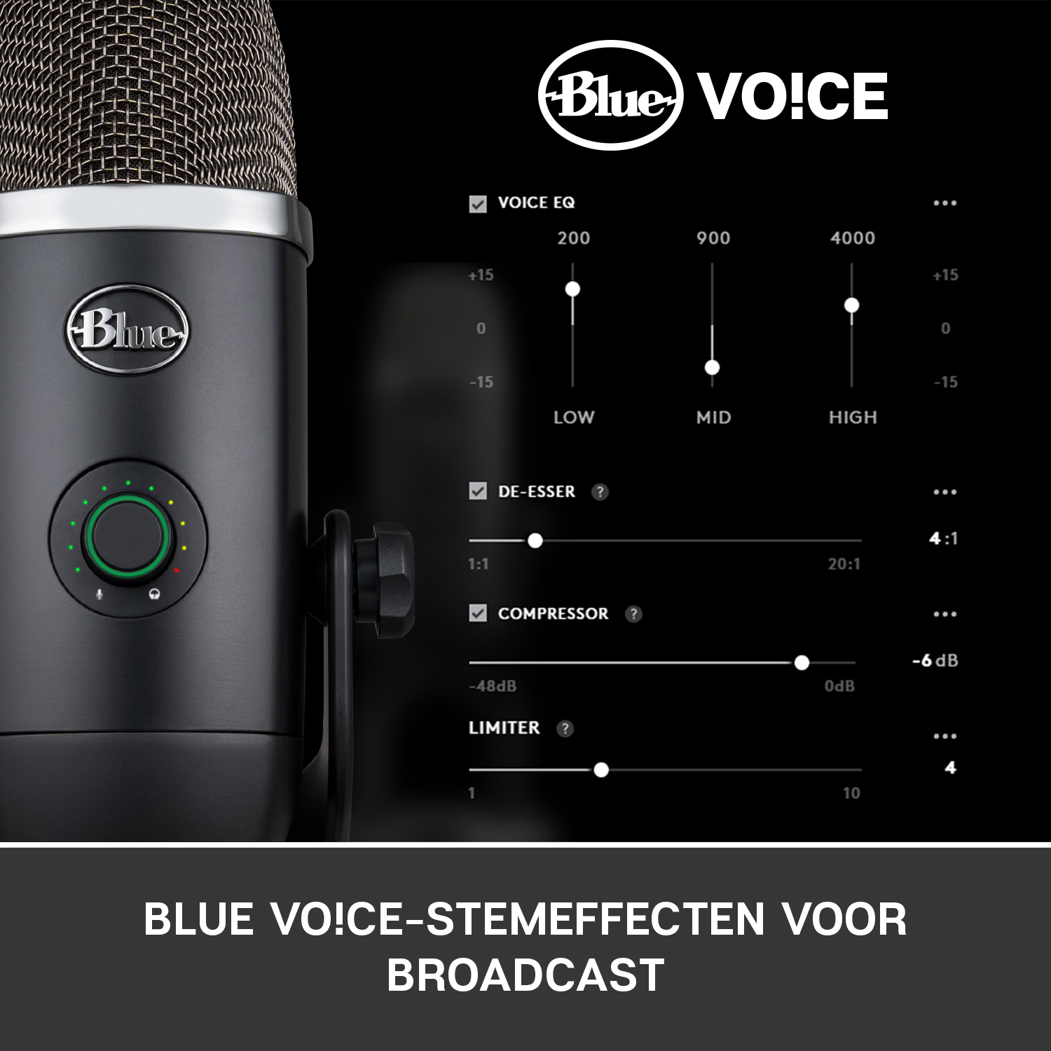 A microphone with control settings on the right, and the Blue Vo!ce logo on the left.
