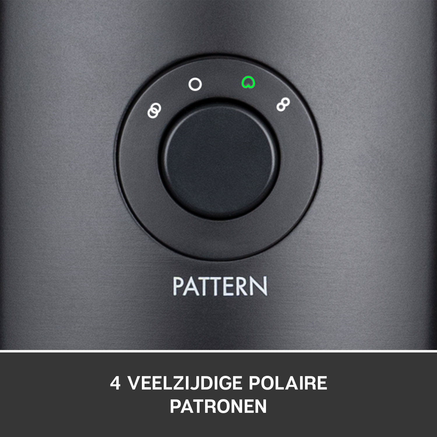 A close-up view of a black device with a circular pattern selection dial with lights.