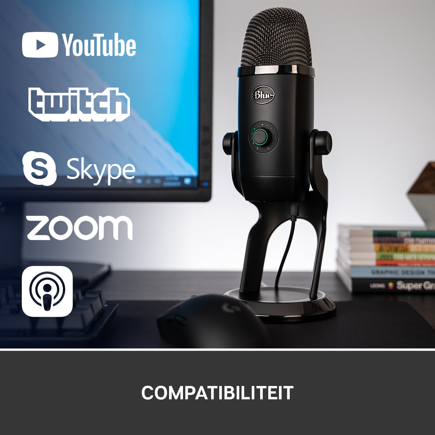 A black microphone, a computer, and a mouse, with the words, compatibility.
