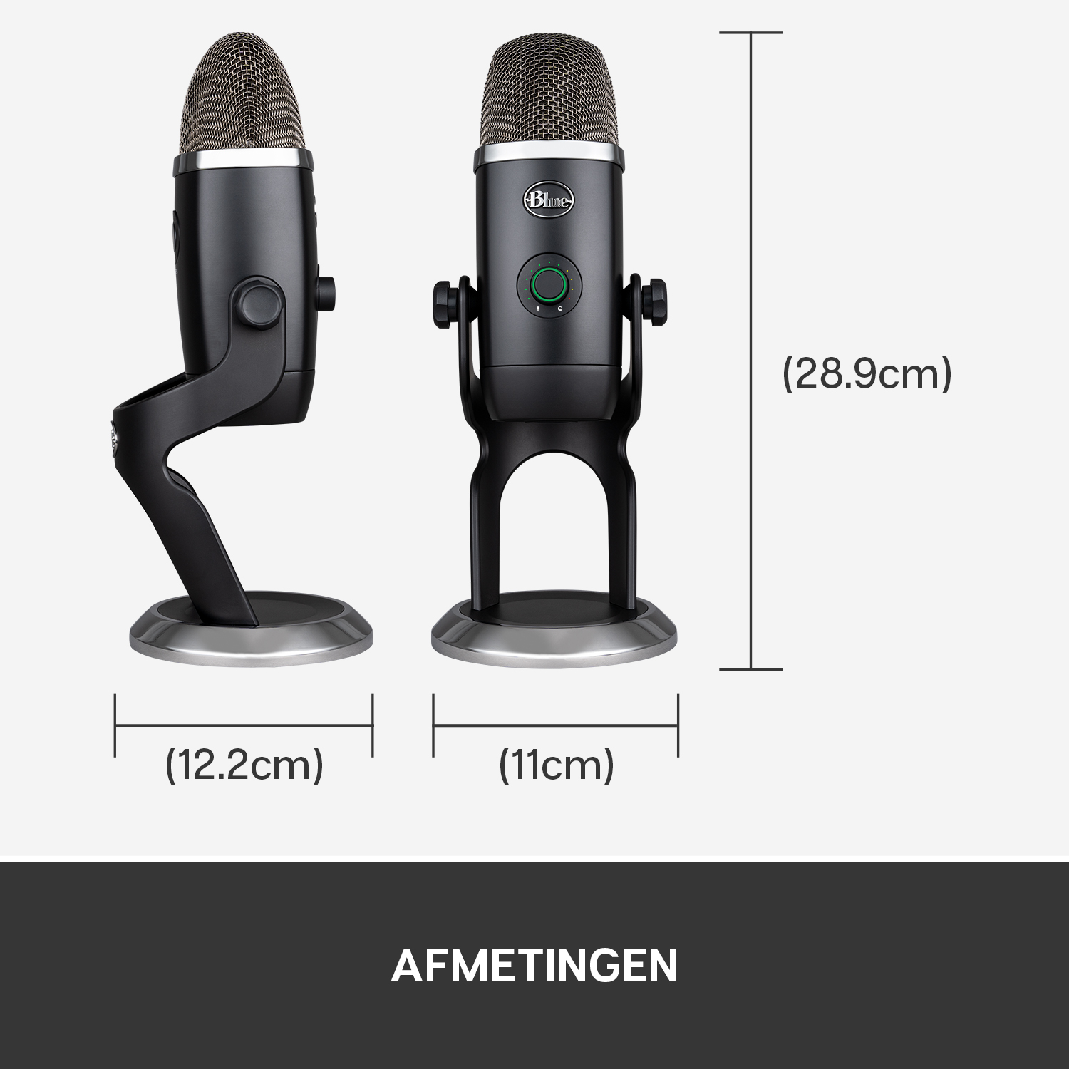 Two black microphones with dimensions labeled. Text at bottom says 'AFMETINGEN'.