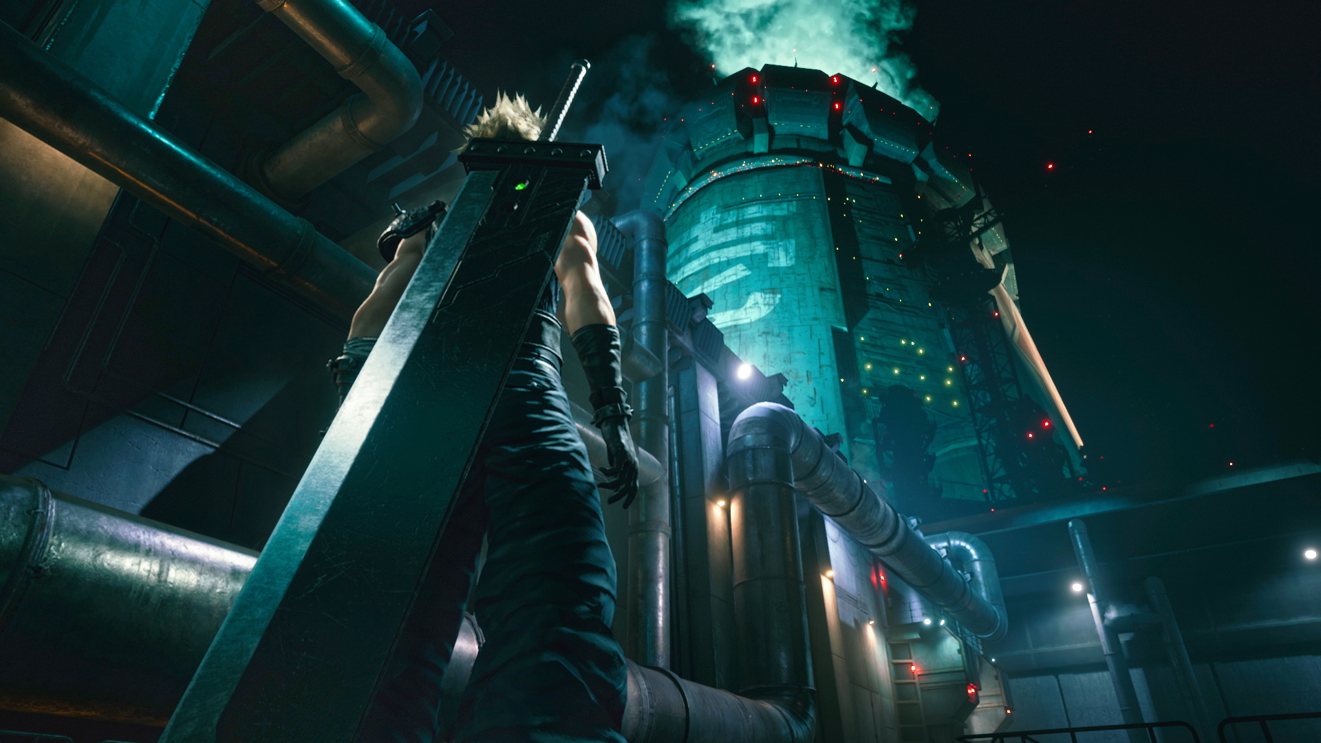 Un personaggio di Final Fantasy con una grande spada, guarda un edificio alto di notte.