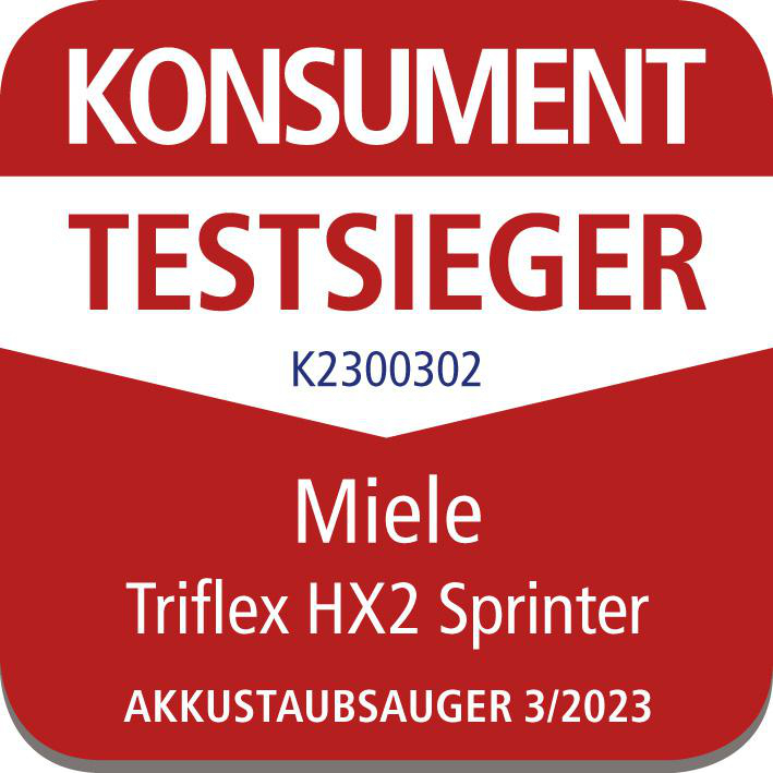 Rotes und weißes Etikett mit Text: Konsument TestSieger, Miele Trifle HX2 Sprinter.