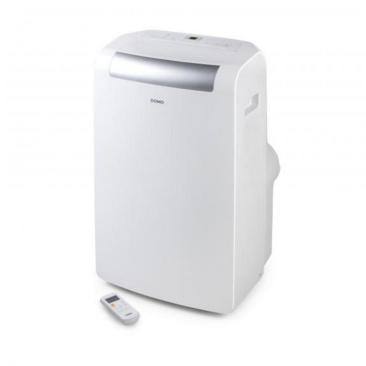 Un climatiseur blanc avec une télécommande sur fond blanc.