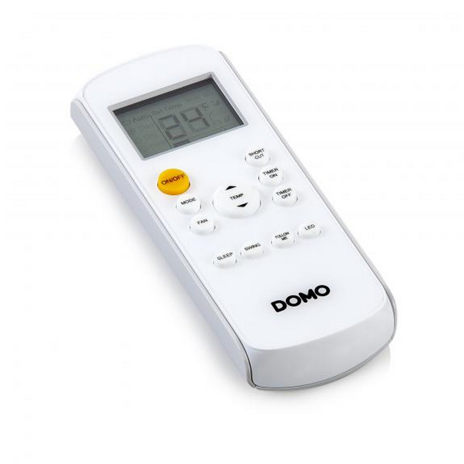 Une télécommande blanche avec des boutons et un écran, étiquetée DOMO.
