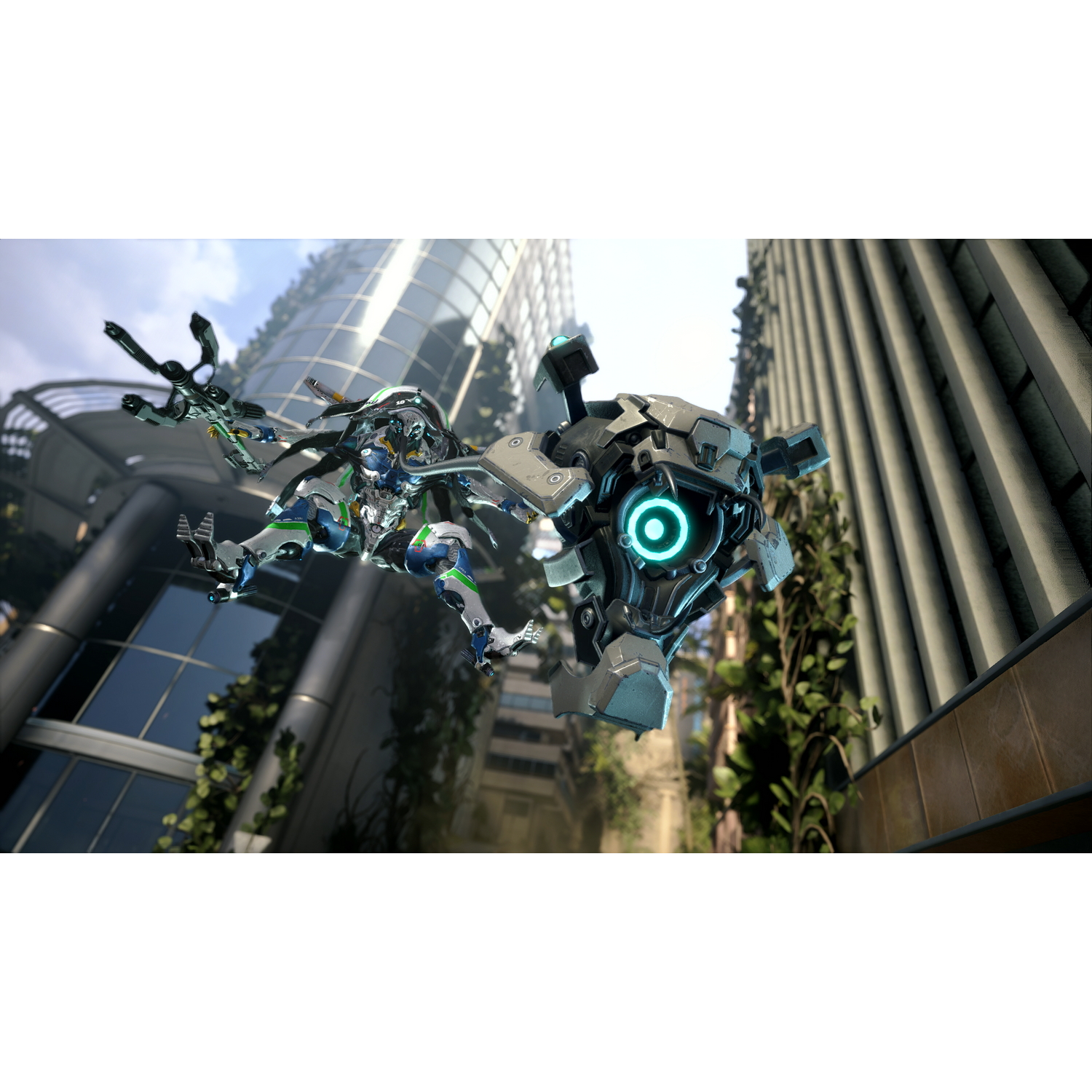 Een futuristische robot in een verwoeste stad. De robot zweeft. Gebouwen op de achtergrond.