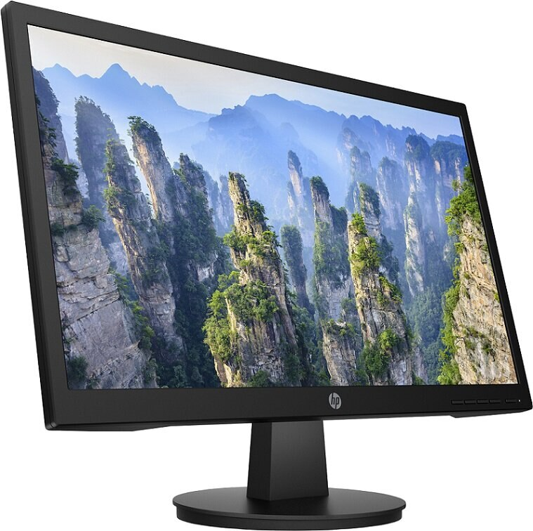 Czarny monitor HP wyświetlający krajobraz z formacjami skalnymi i górami.